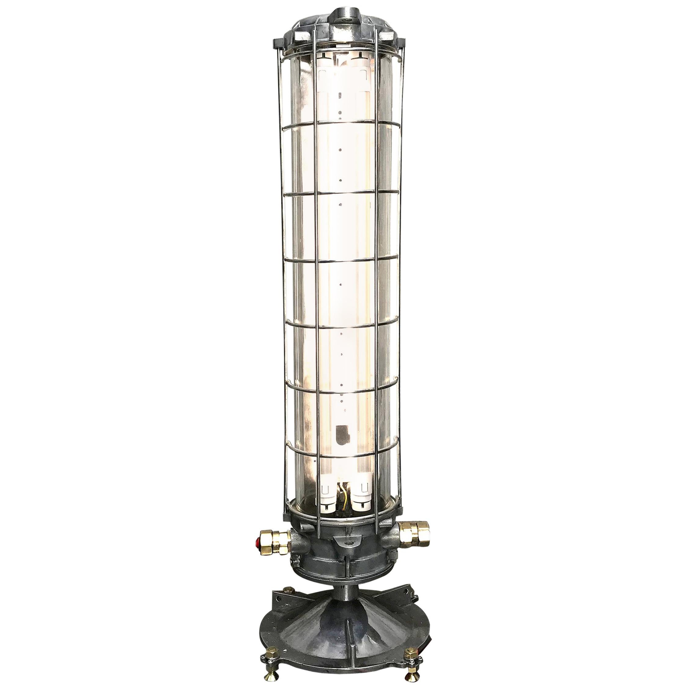 Late Century French Aluminium and Glass Explosion Proof Floor Standing Tube Lamp