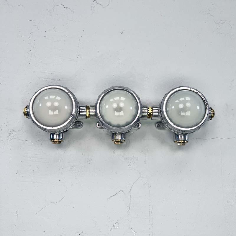 Russian Late Century Frosted Glass Vintage Industrial Spotlight Trio  For Sale