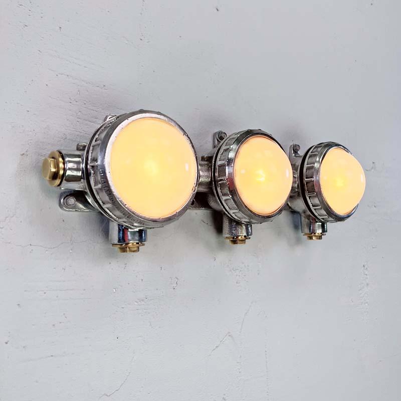 Cast Late Century Frosted Glass Vintage Industrial Spotlight Trio  For Sale