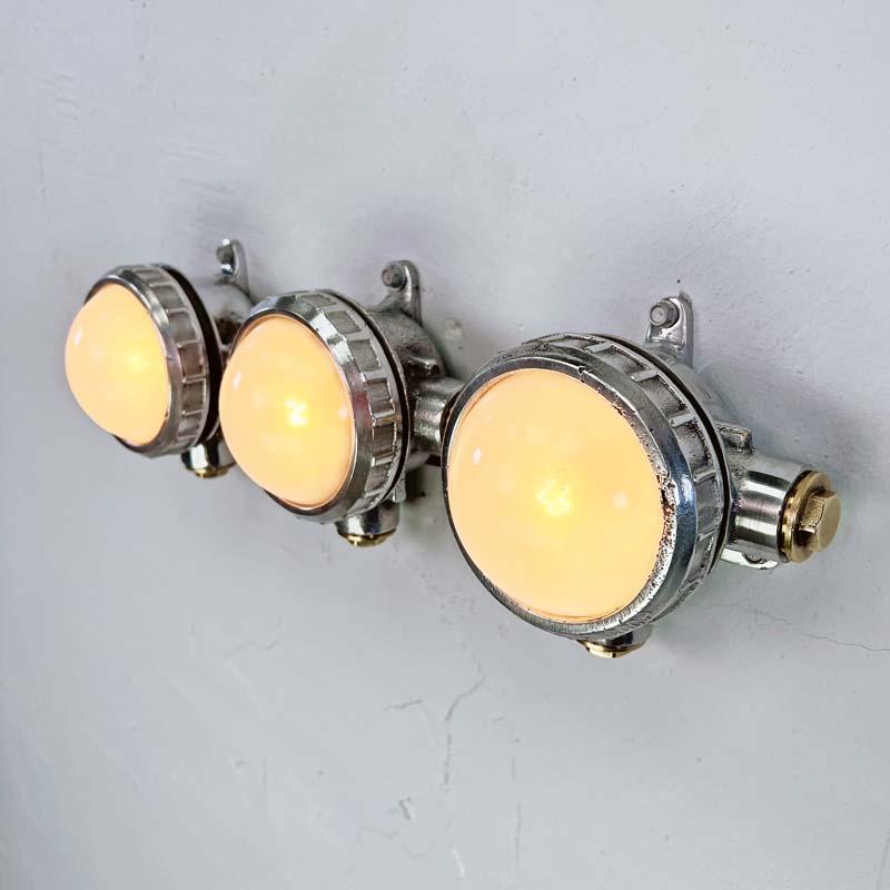 Late 20th Century Late Century Frosted Glass Vintage Industrial Spotlight Trio  For Sale