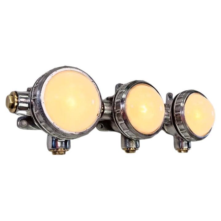 Late Century Frosted Glass Vintage Industrial Spotlight Trio  For Sale