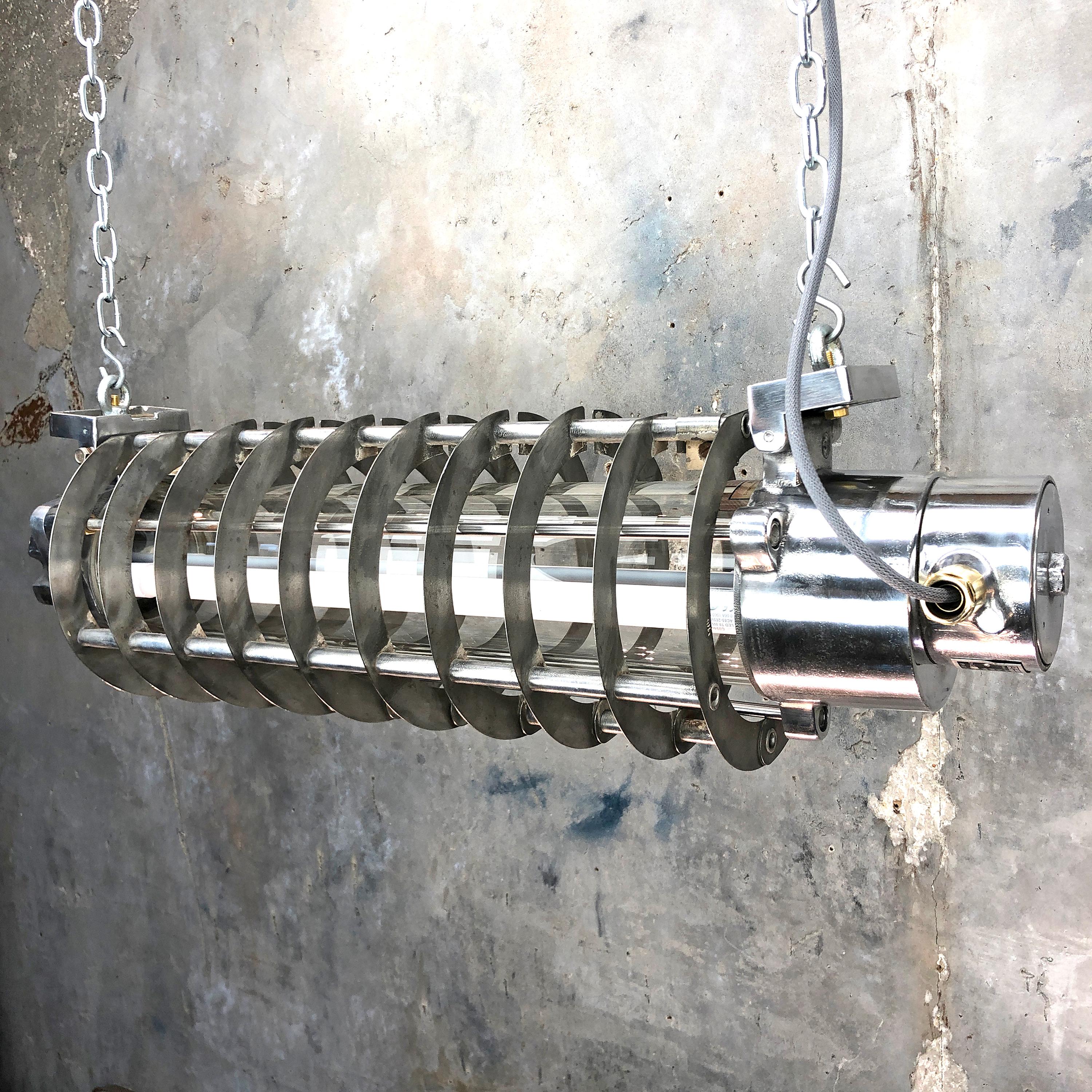 Late Century German Aluminium Flameproof Cage Striplight with Glass Tube, LED In Good Condition In Leicester, Leicestershire