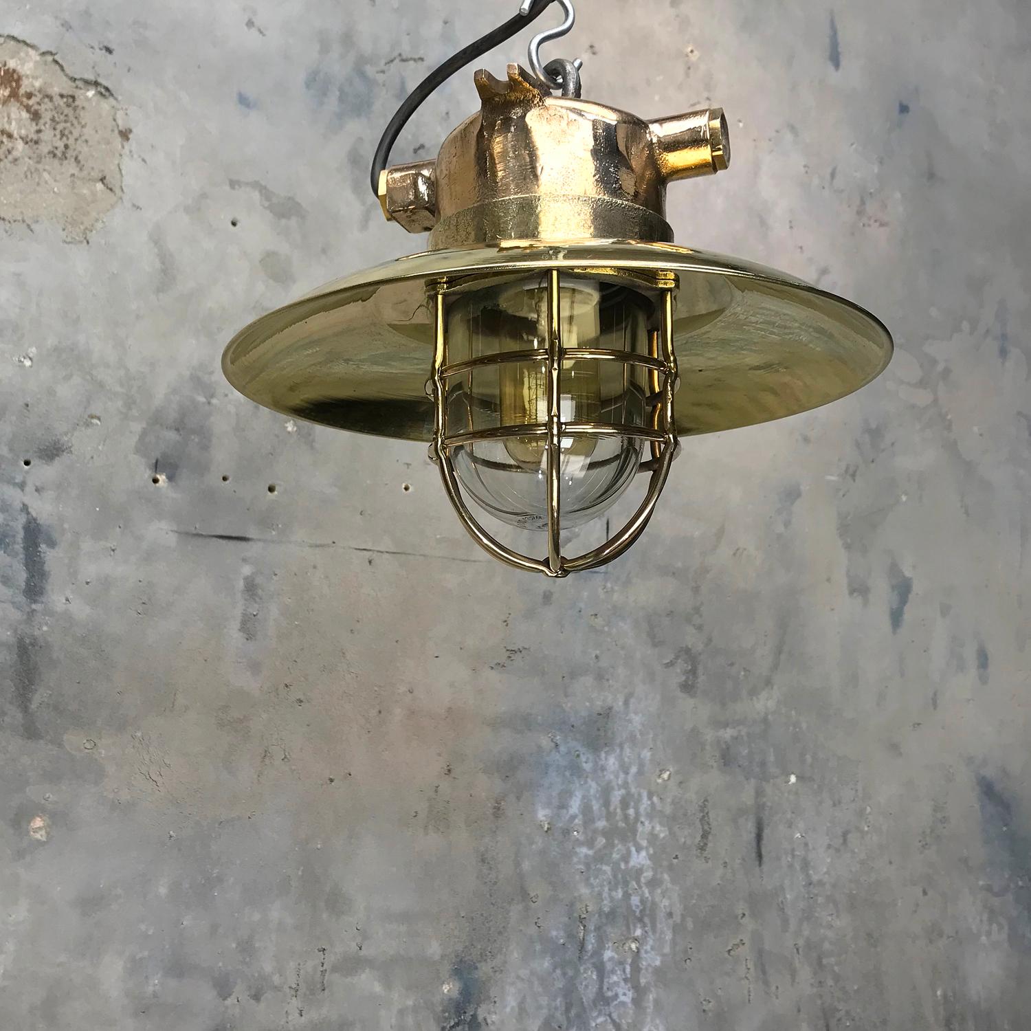 Late Century German Cast Brass and Glass Explosion Proof Pendant Light Wire Cage In Excellent Condition In Leicester, Leicestershire