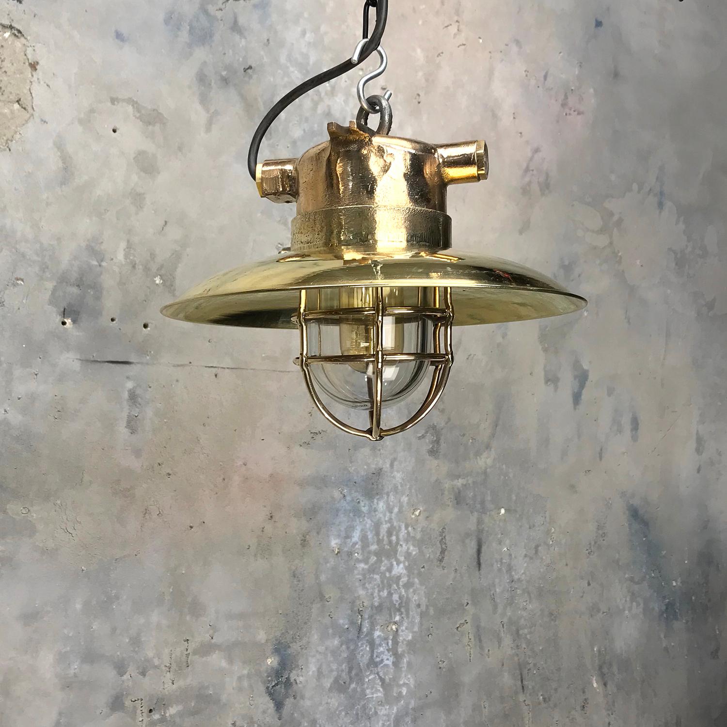 Late 20th Century Late Century German Cast Brass and Glass Explosion Proof Pendant Light Wire Cage