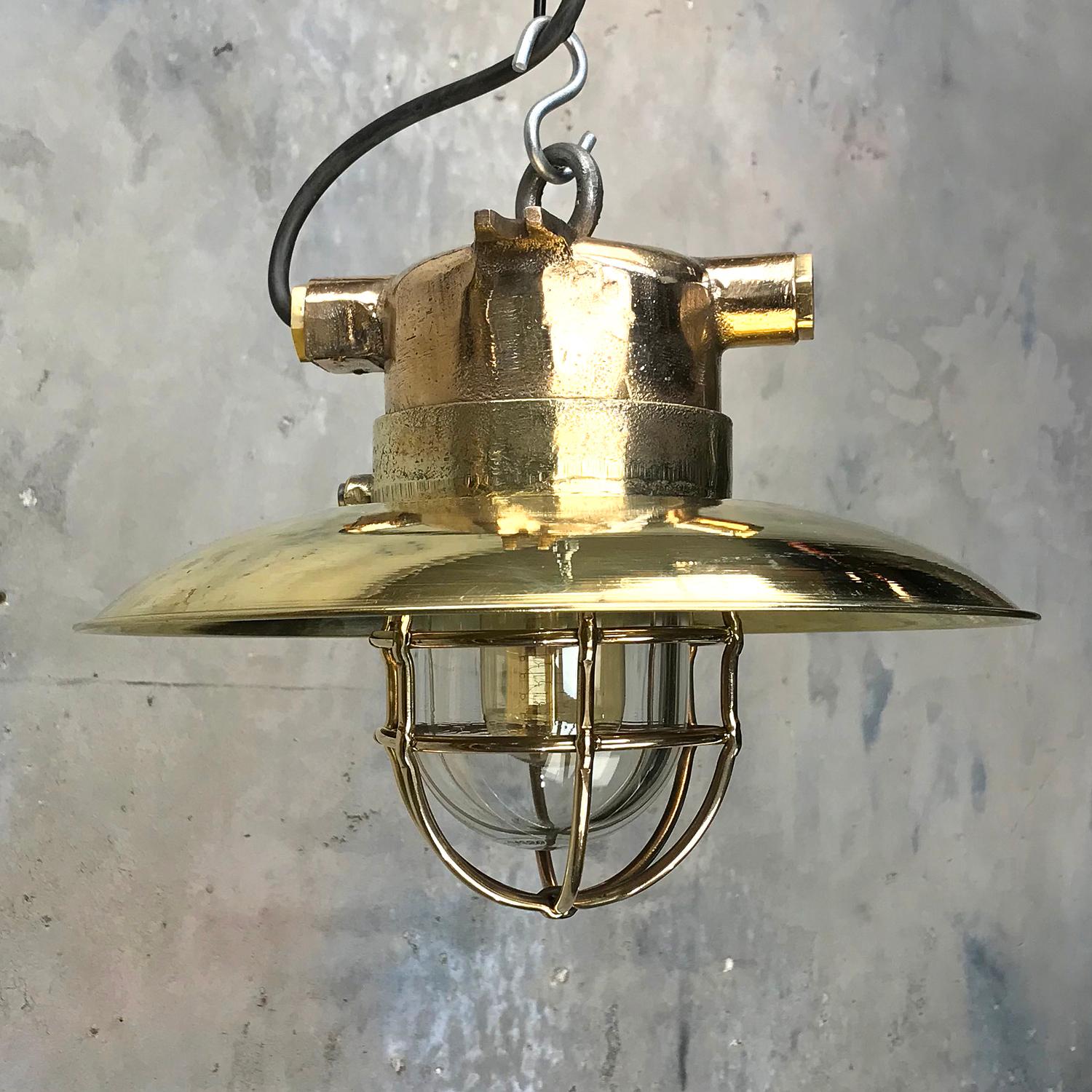 Late Century German Cast Brass and Glass Explosion Proof Pendant Light Wire Cage 1