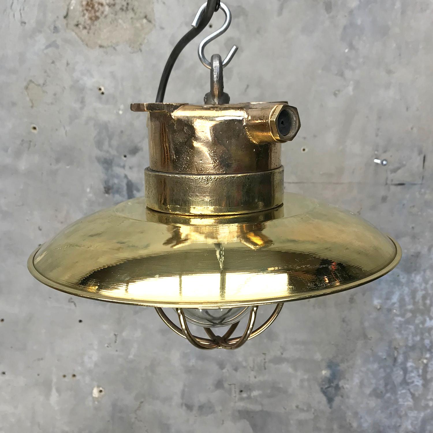 Late Century German Cast Brass and Glass Explosion Proof Pendant Light Wire Cage 2