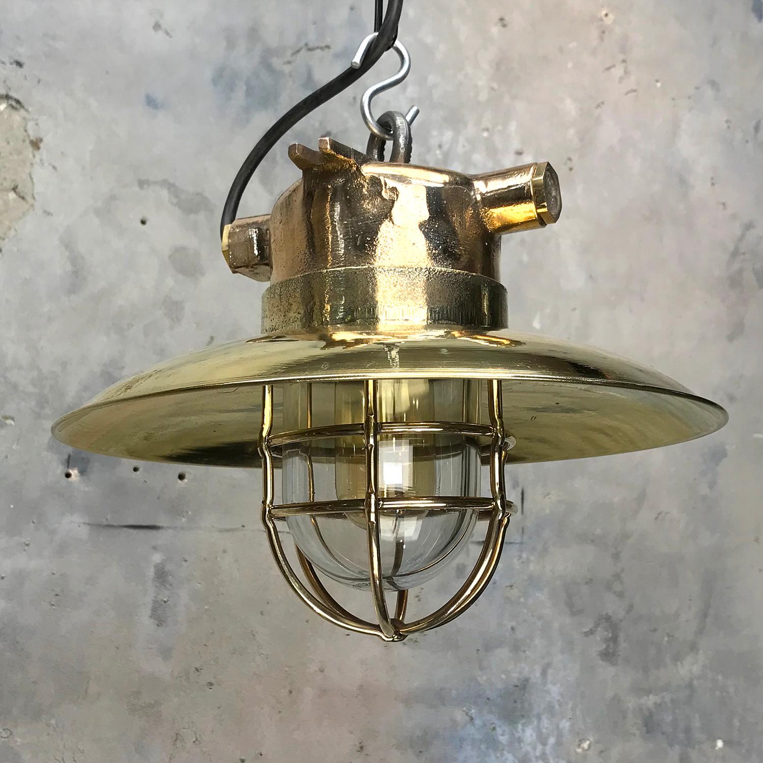 Late Century German Cast Brass and Glass Explosion Proof Pendant Light Wire Cage 5