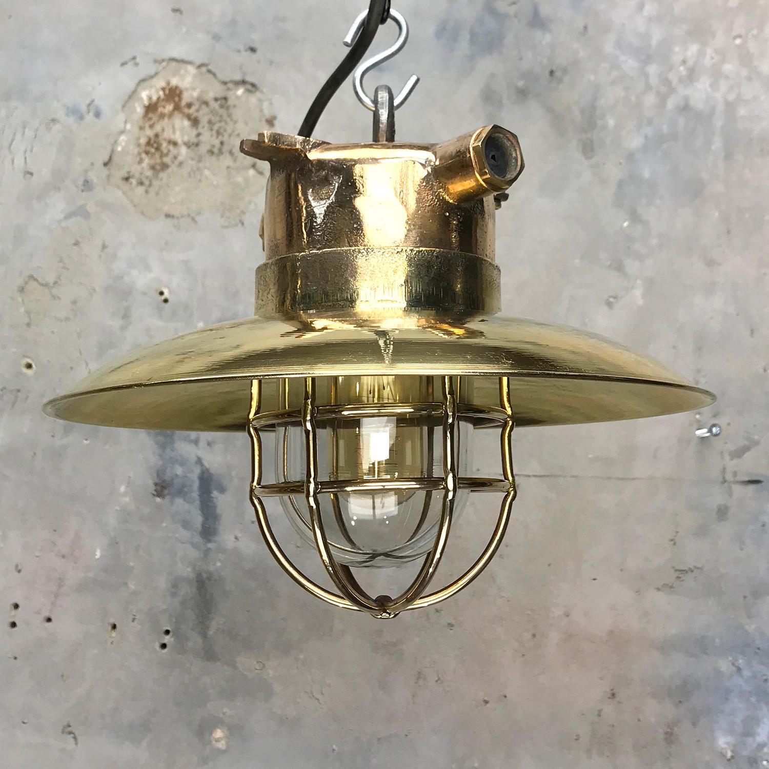 Late Century German Cast Brass and Glass Explosion Proof Pendant Light Wire Cage 6