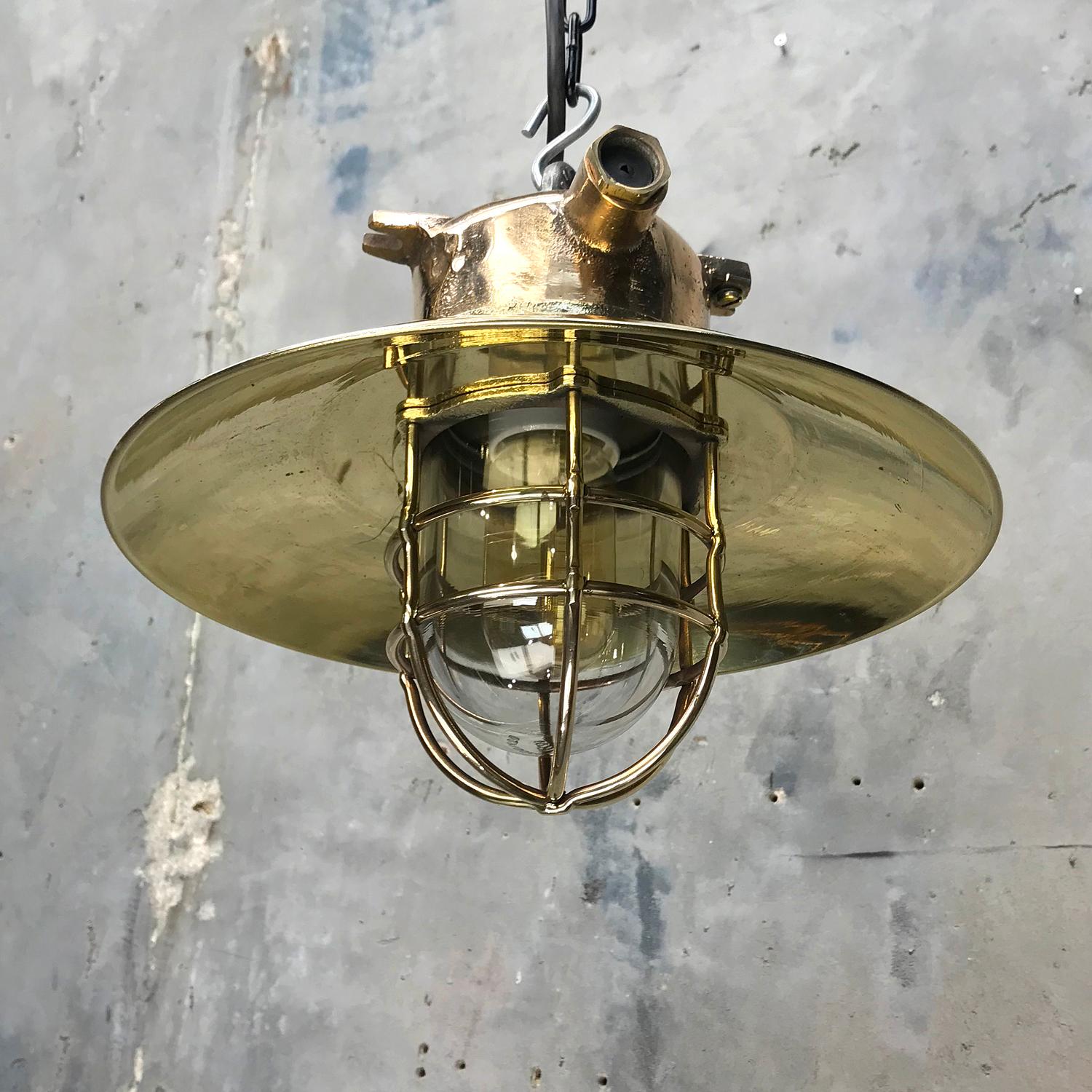 Late Century German Cast Brass and Glass Explosion Proof Pendant Light Wire Cage 8