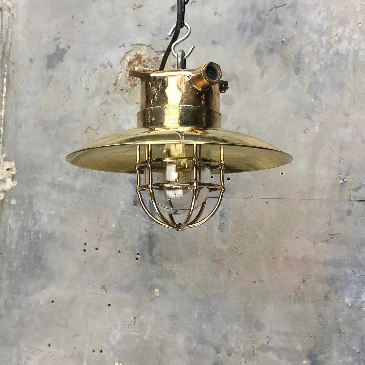 Industrial Late Century German Cast Brass and Glass Explosion Proof Pendant Light Wire Cage
