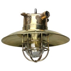 Late Century German Cast Brass and Glass Explosion Proof Pendant Light Wire Cage