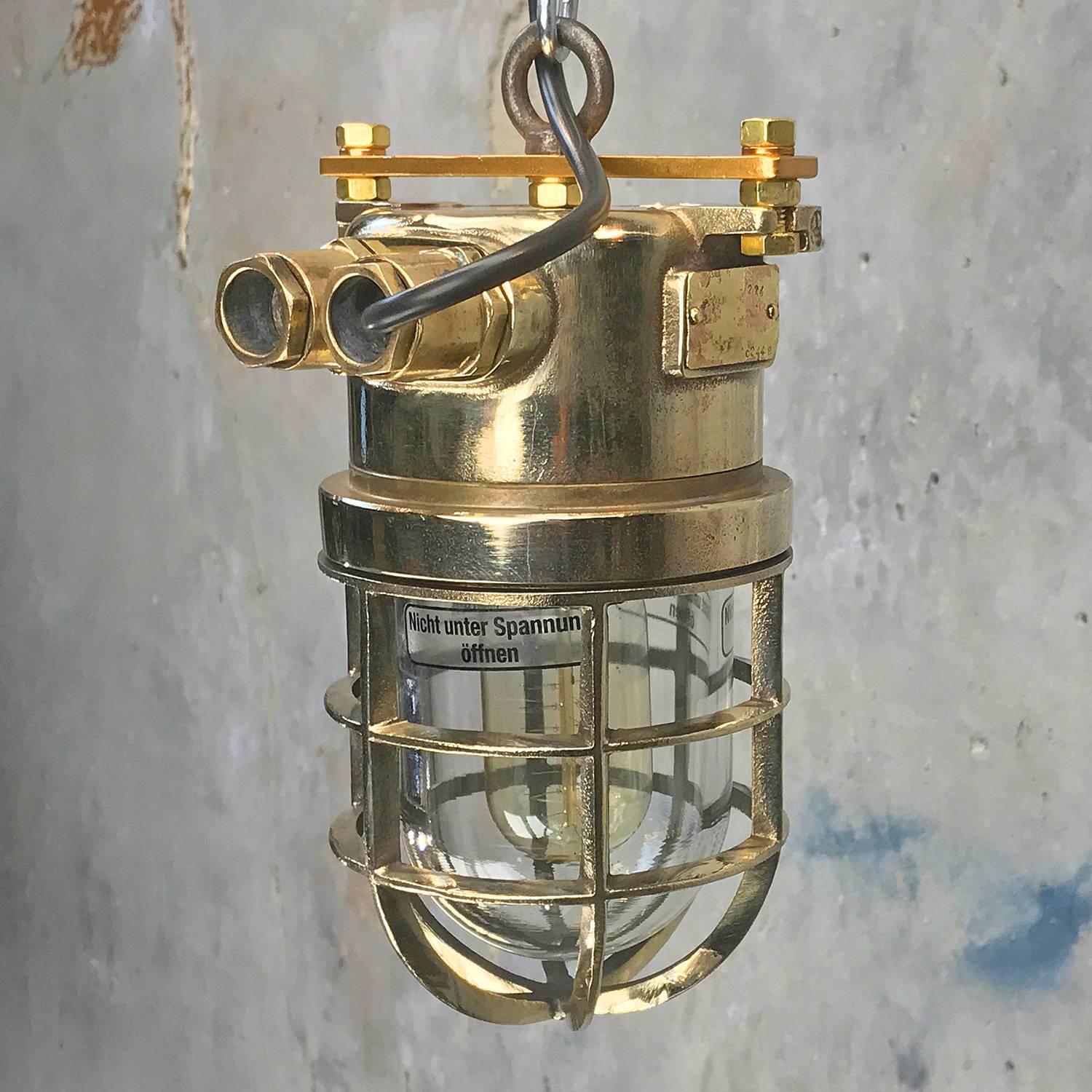 Late Century German Cast Brass and Glass Shade Explosion Proof Pendant Light For Sale 5