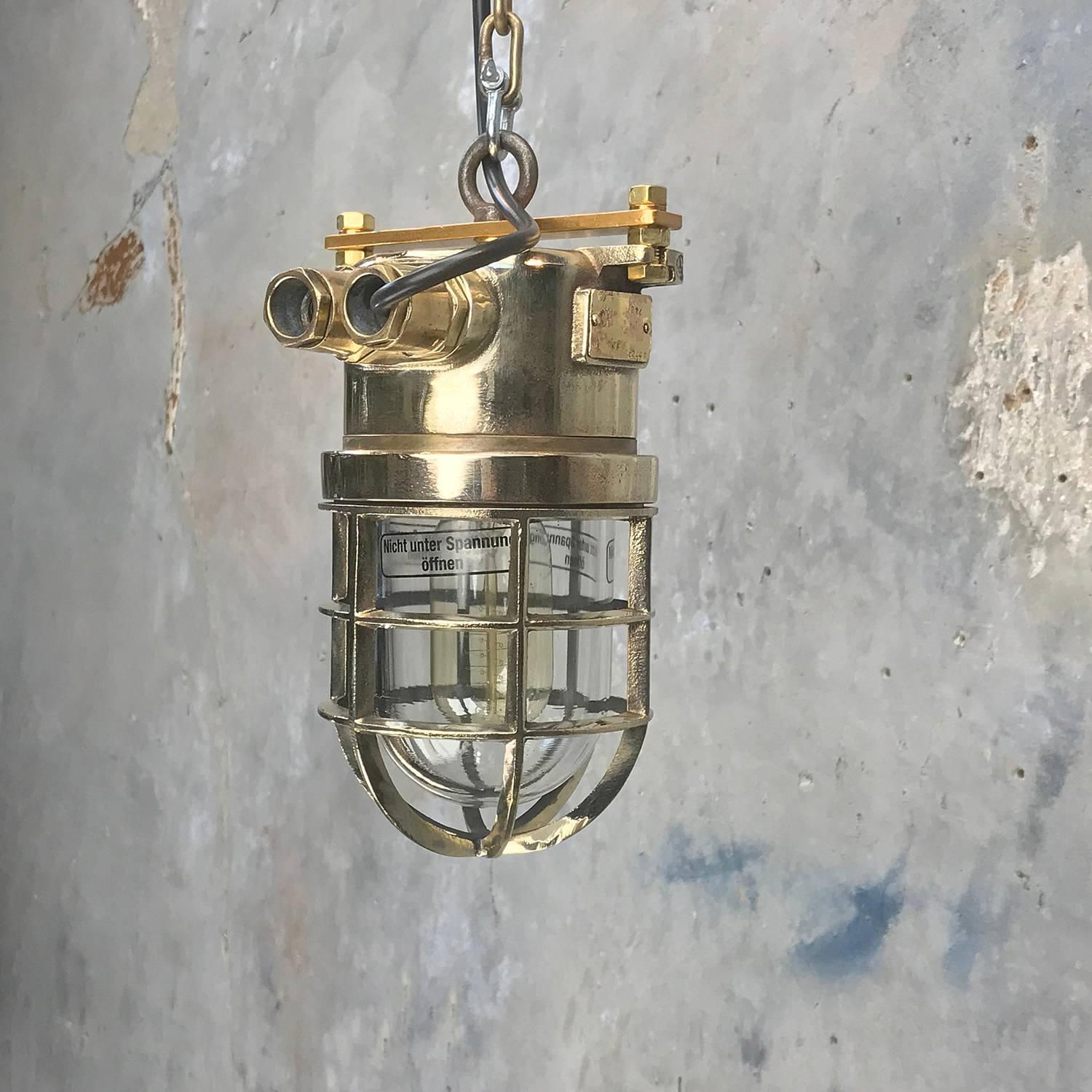 Late Century German Cast Brass and Glass Shade Explosion Proof Pendant Light For Sale 6