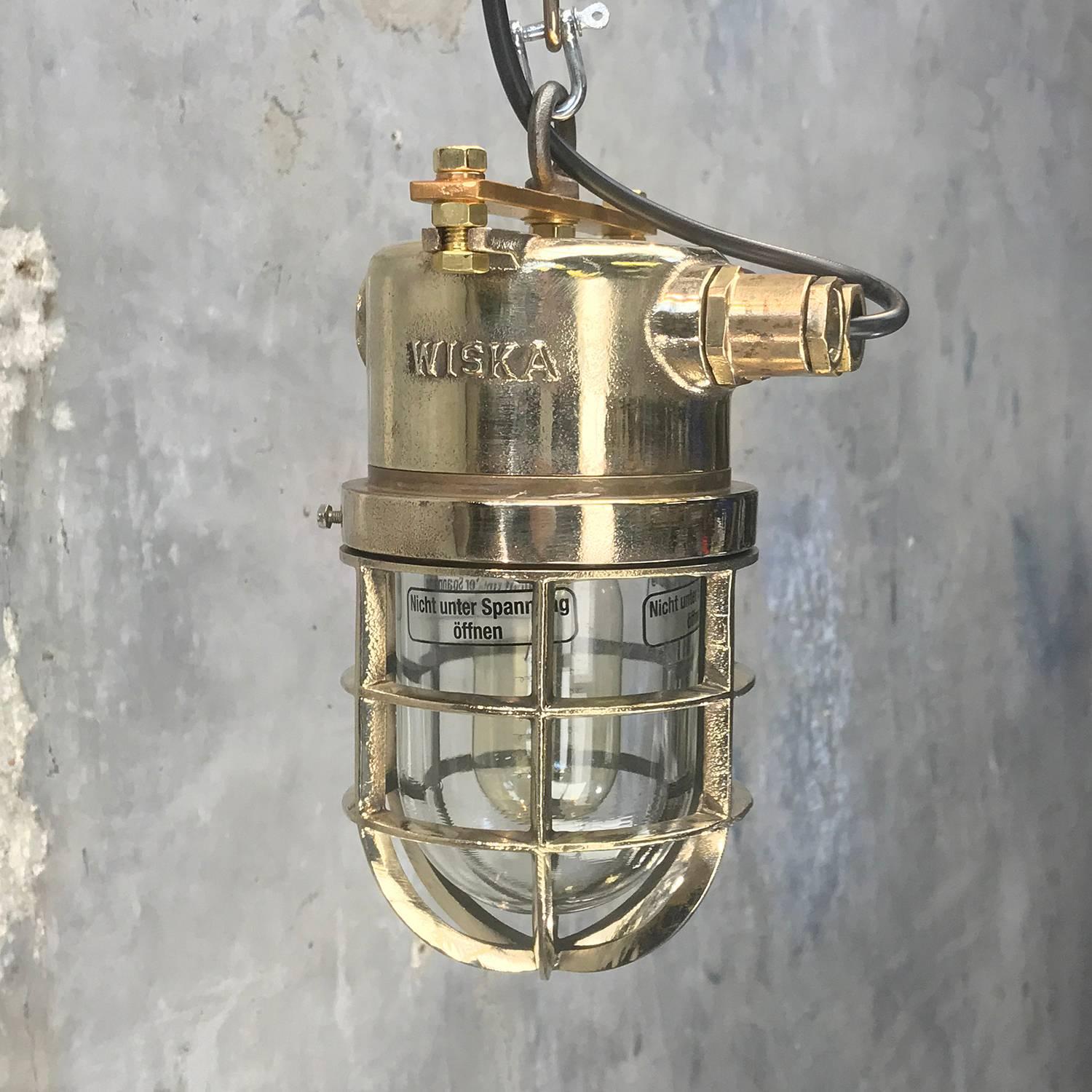Late Century German Cast Brass and Glass Shade Explosion Proof Pendant Light For Sale 7