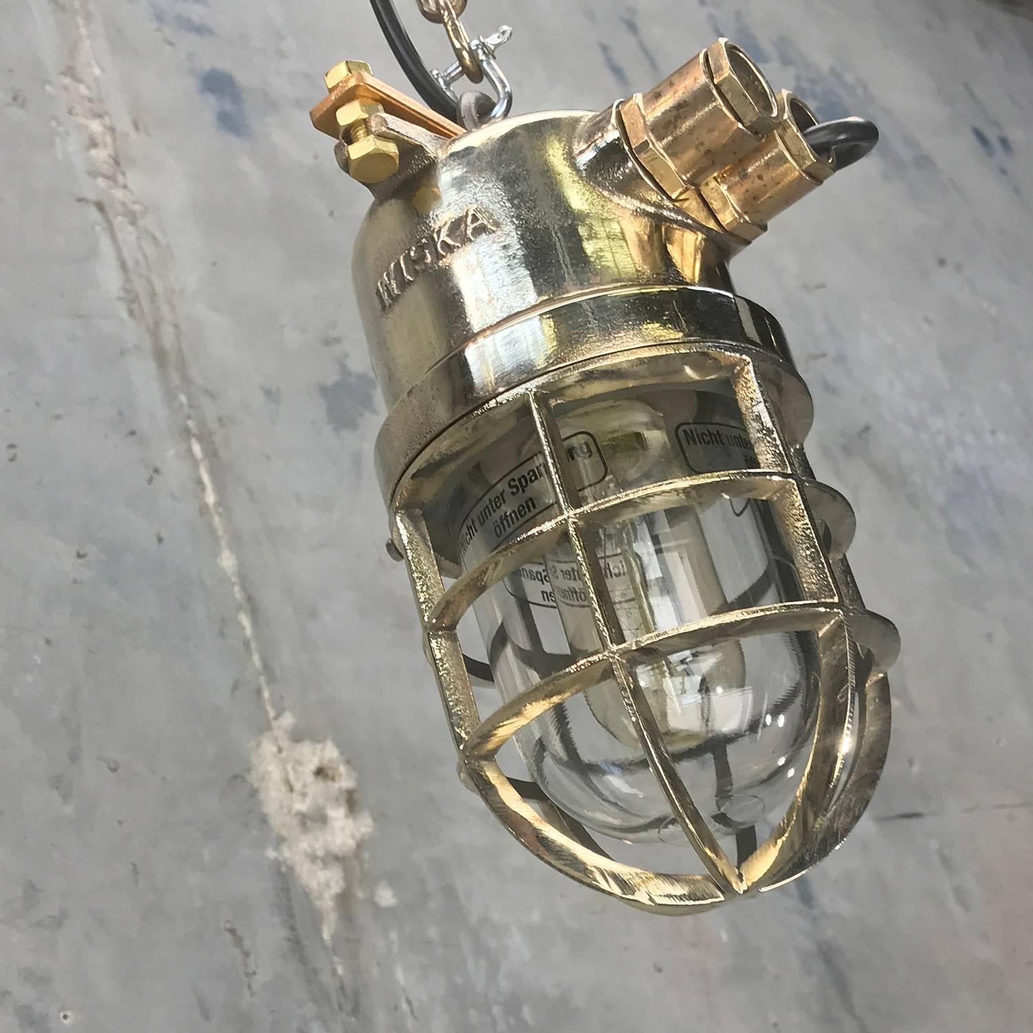 Late Century German Cast Brass and Glass Shade Explosion Proof Pendant Light For Sale 8