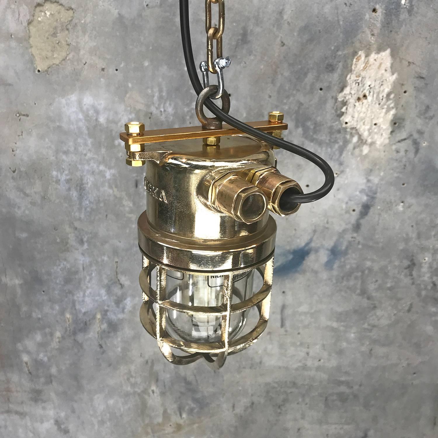 Industrial Late Century German Cast Brass and Glass Shade Explosion Proof Pendant Light For Sale