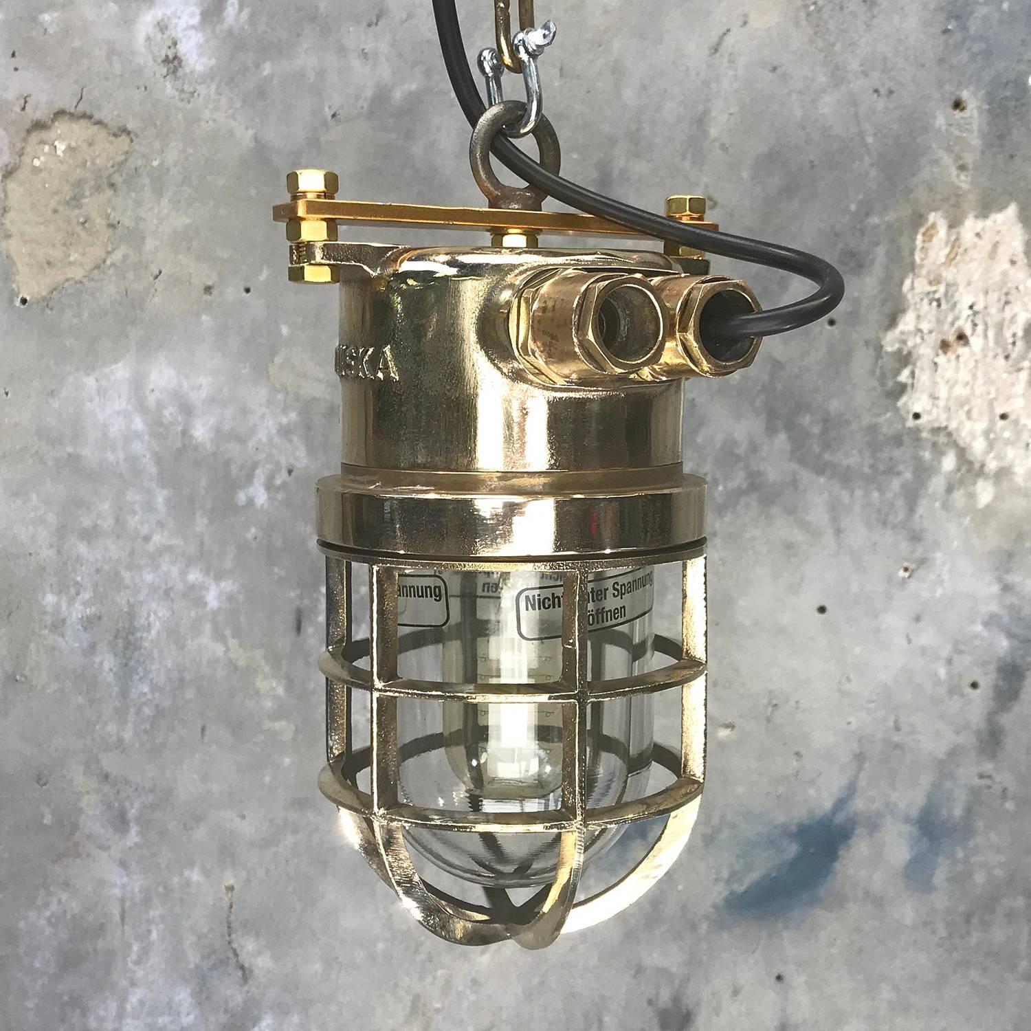 Late Century German Cast Brass and Glass Shade Explosion Proof Pendant Light In Excellent Condition For Sale In Leicester, Leicestershire