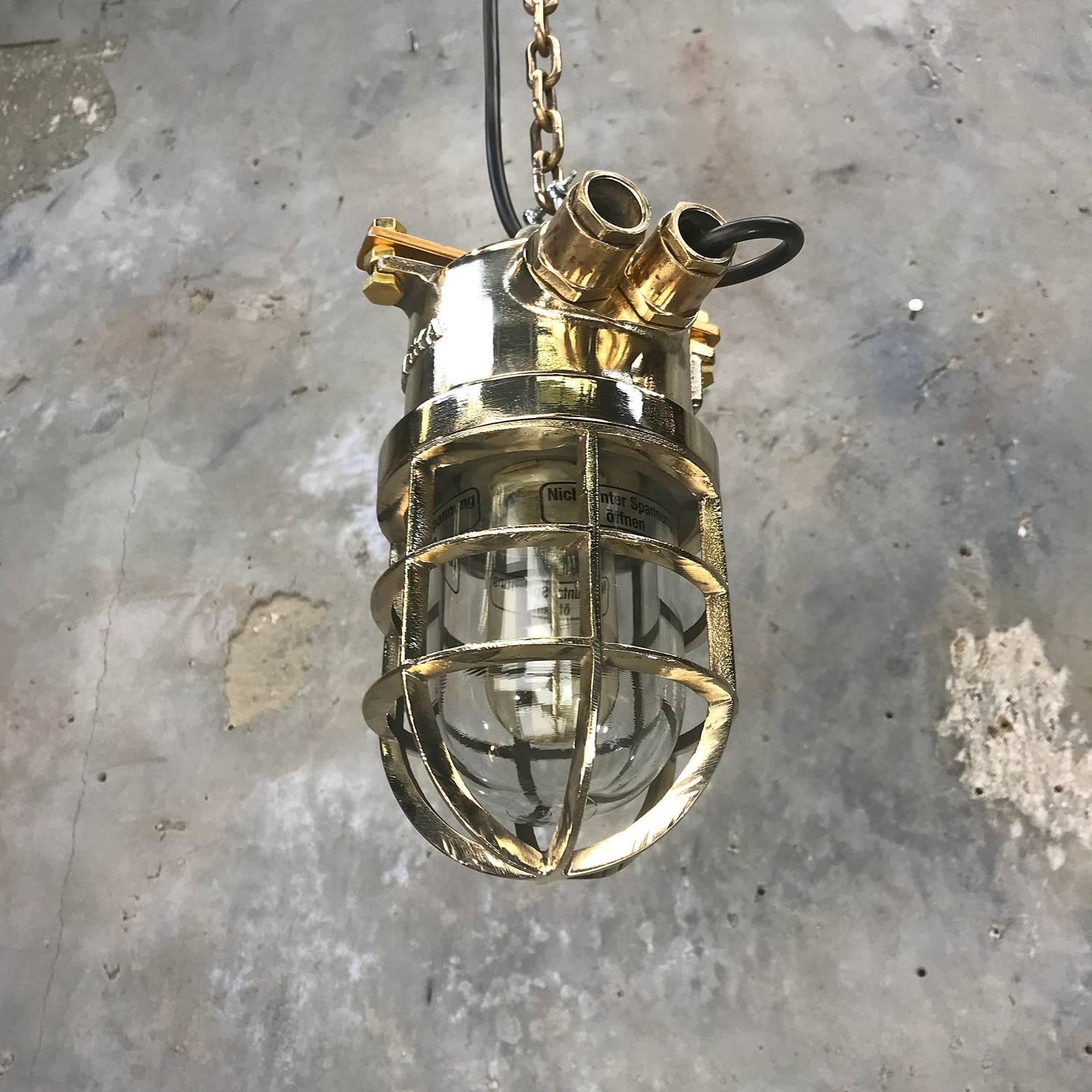 Late 20th Century Late Century German Cast Brass and Glass Shade Explosion Proof Pendant Light For Sale