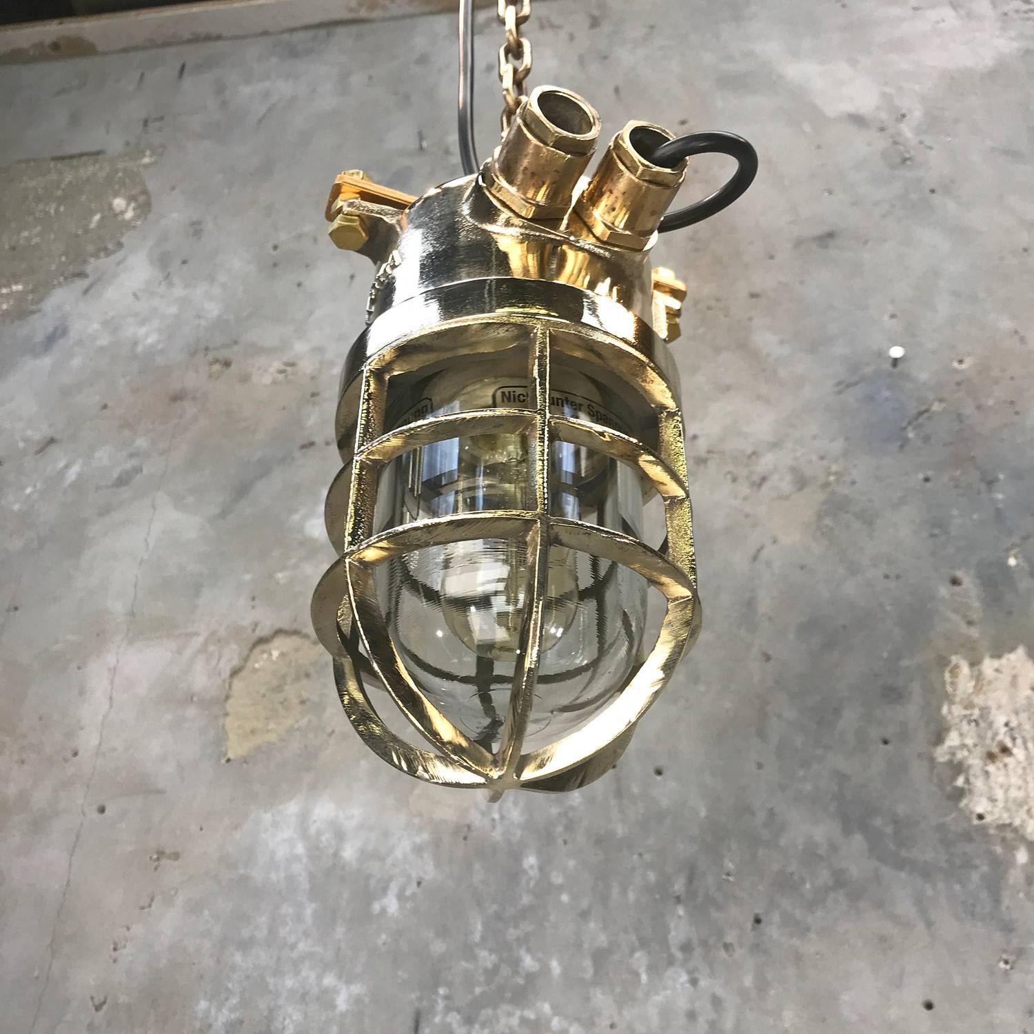 Late Century German Cast Brass and Glass Shade Explosion Proof Pendant Light For Sale 1
