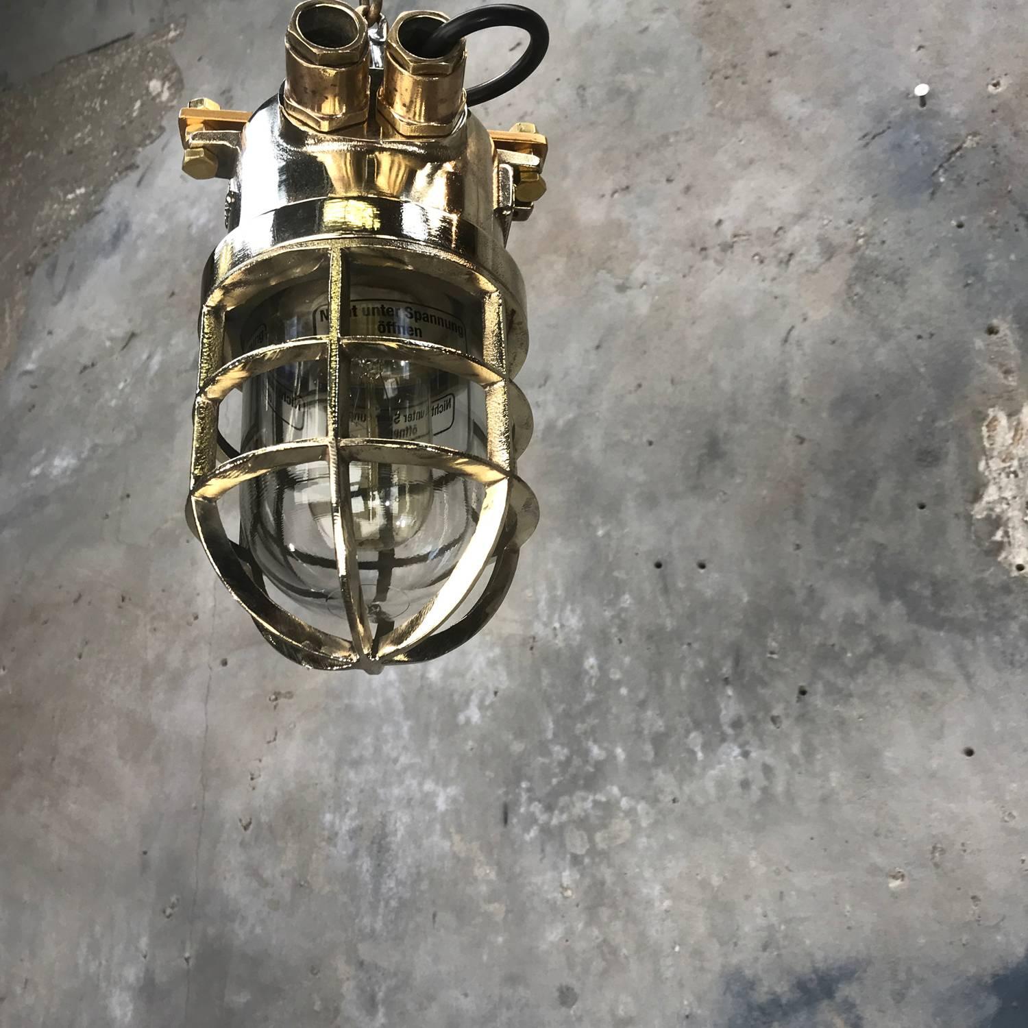 Late Century German Cast Brass and Glass Shade Explosion Proof Pendant Light For Sale 2
