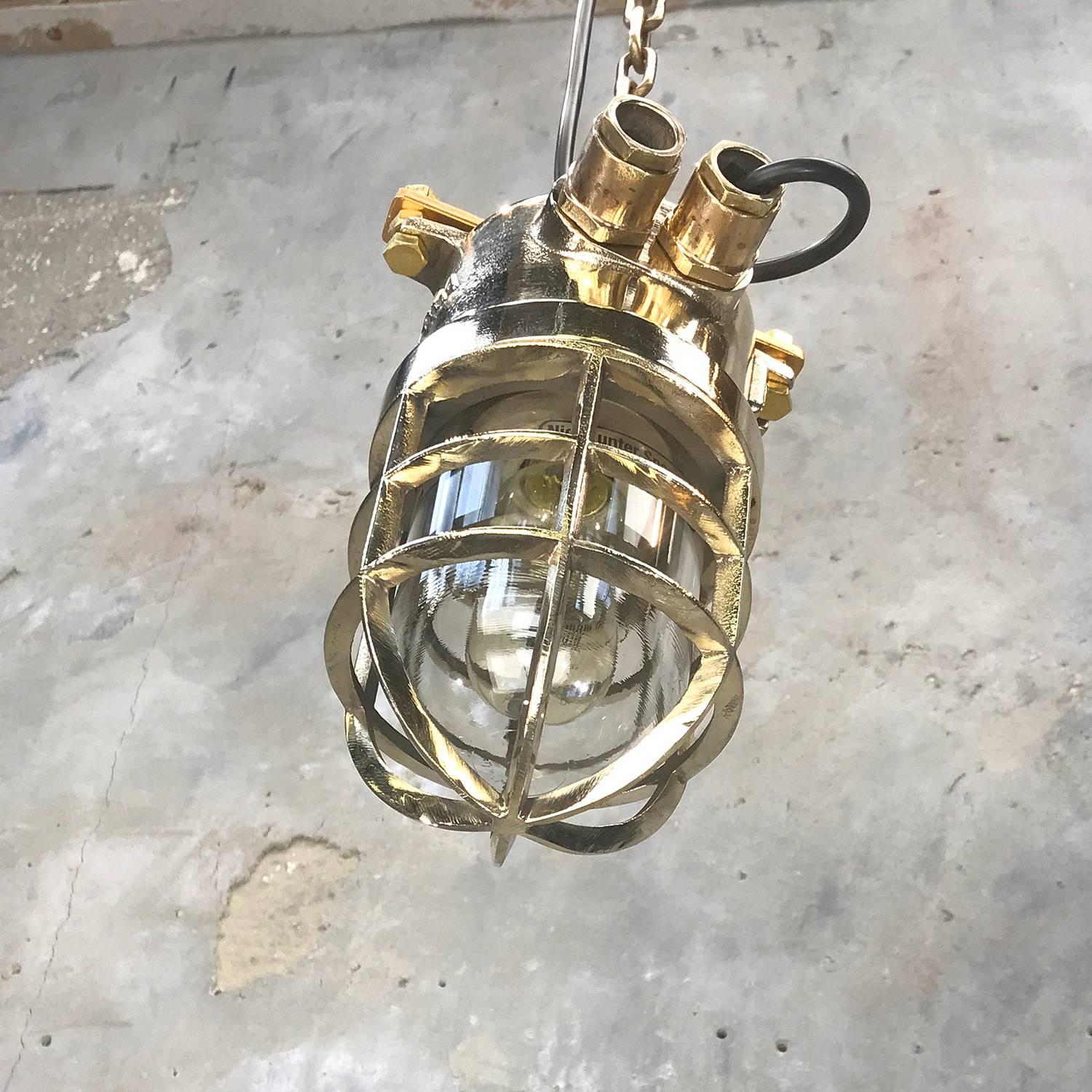 Late Century German Cast Brass and Glass Shade Explosion Proof Pendant Light For Sale 3