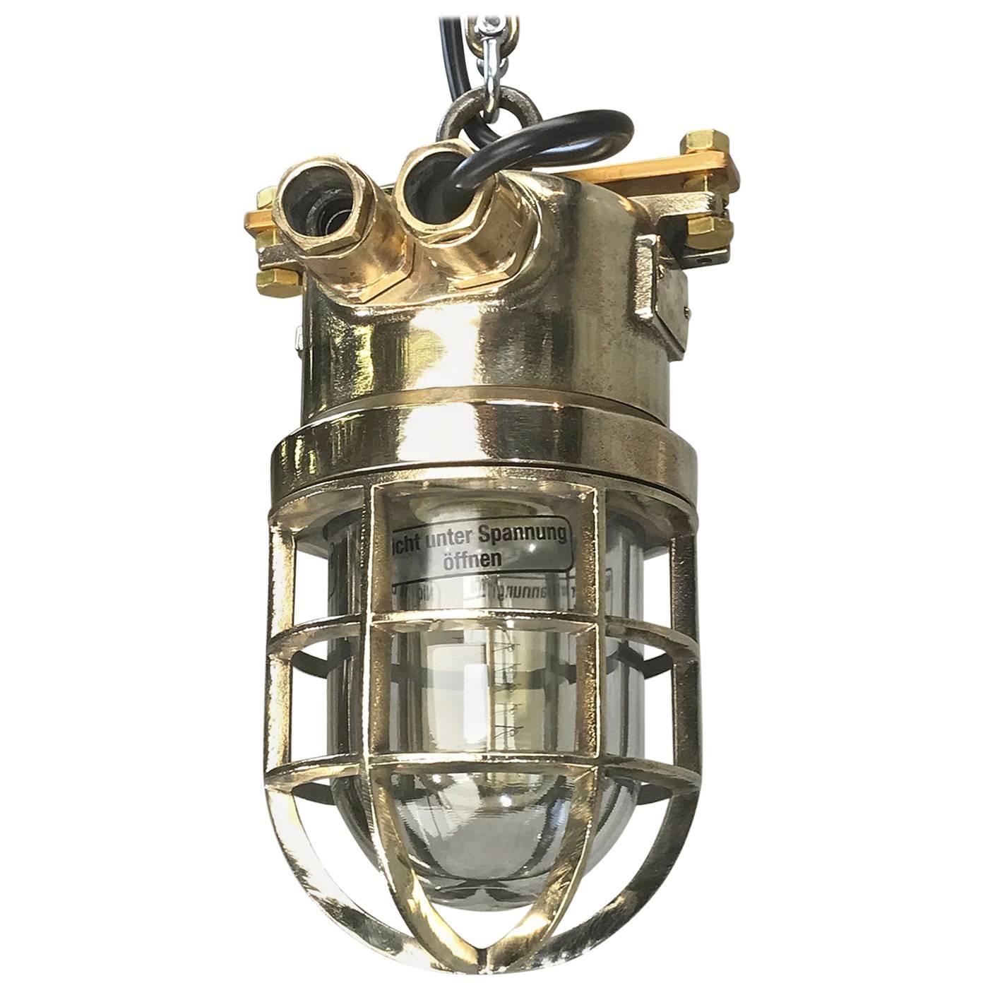 Late Century German Cast Brass and Glass Shade Explosion Proof Pendant Light For Sale