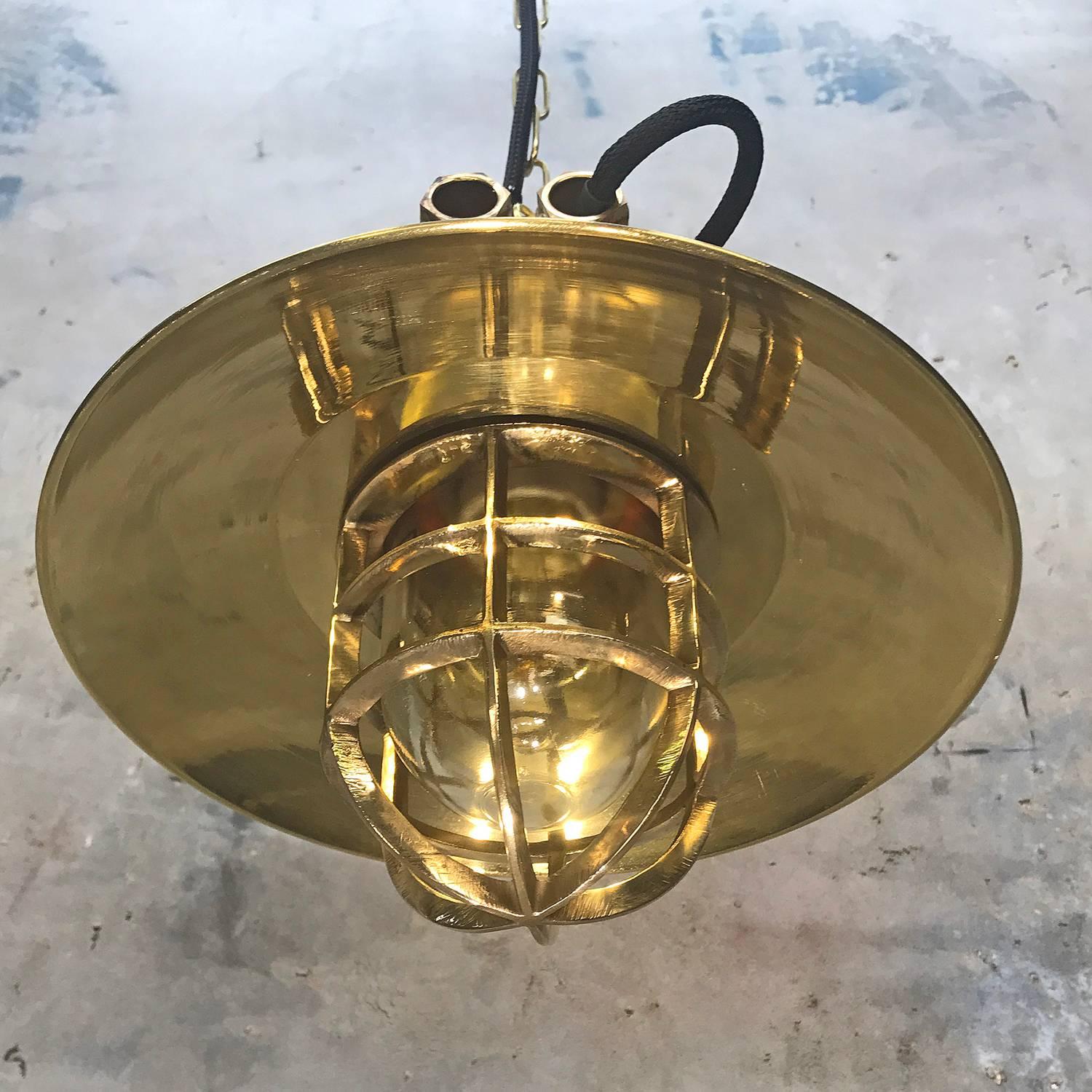 Industrial Late Century German Cast Brass & Glass Explosion Proof Pendant Light Brass Shade For Sale