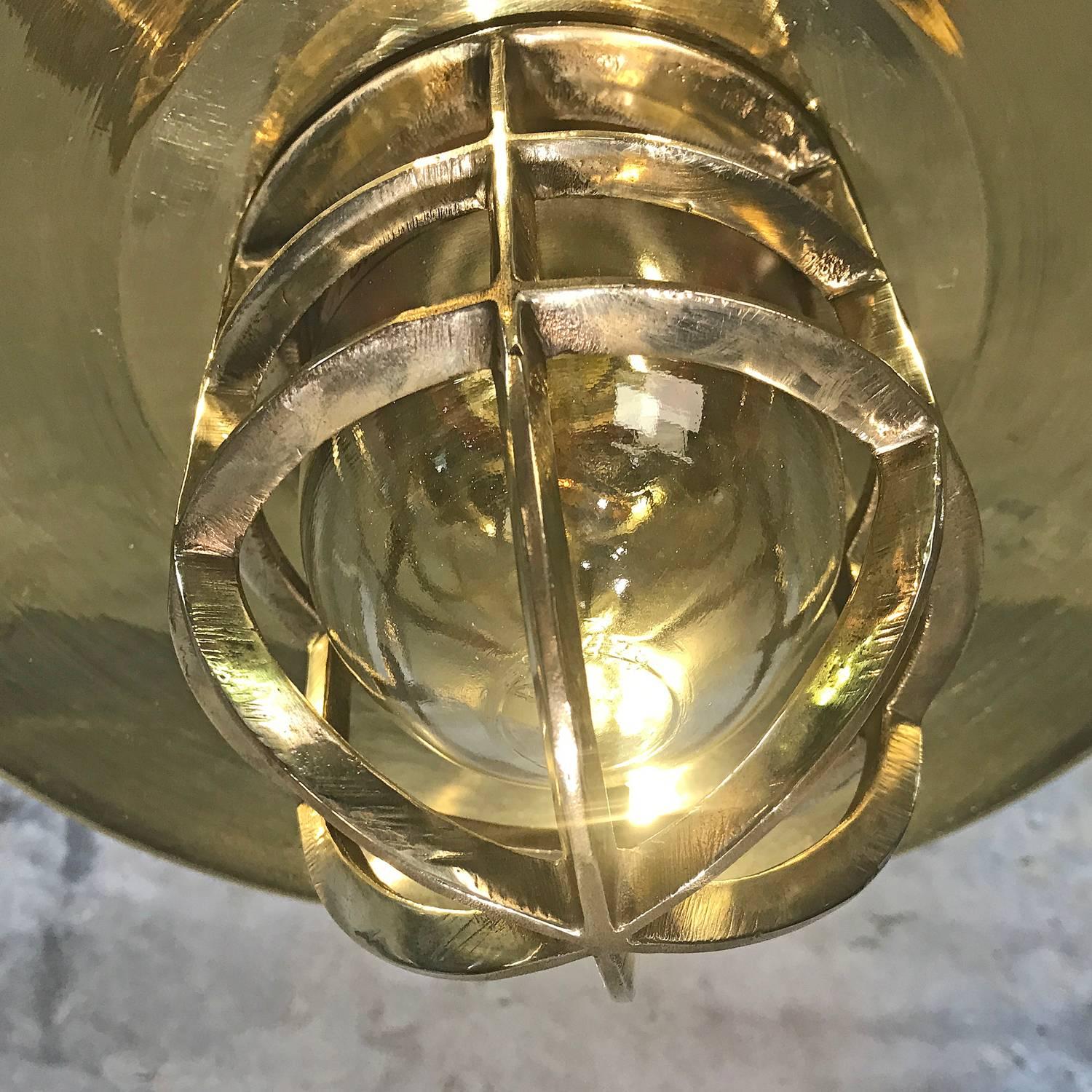Late Century German Cast Brass & Glass Explosion Proof Pendant Light Brass Shade In Excellent Condition For Sale In Leicester, Leicestershire