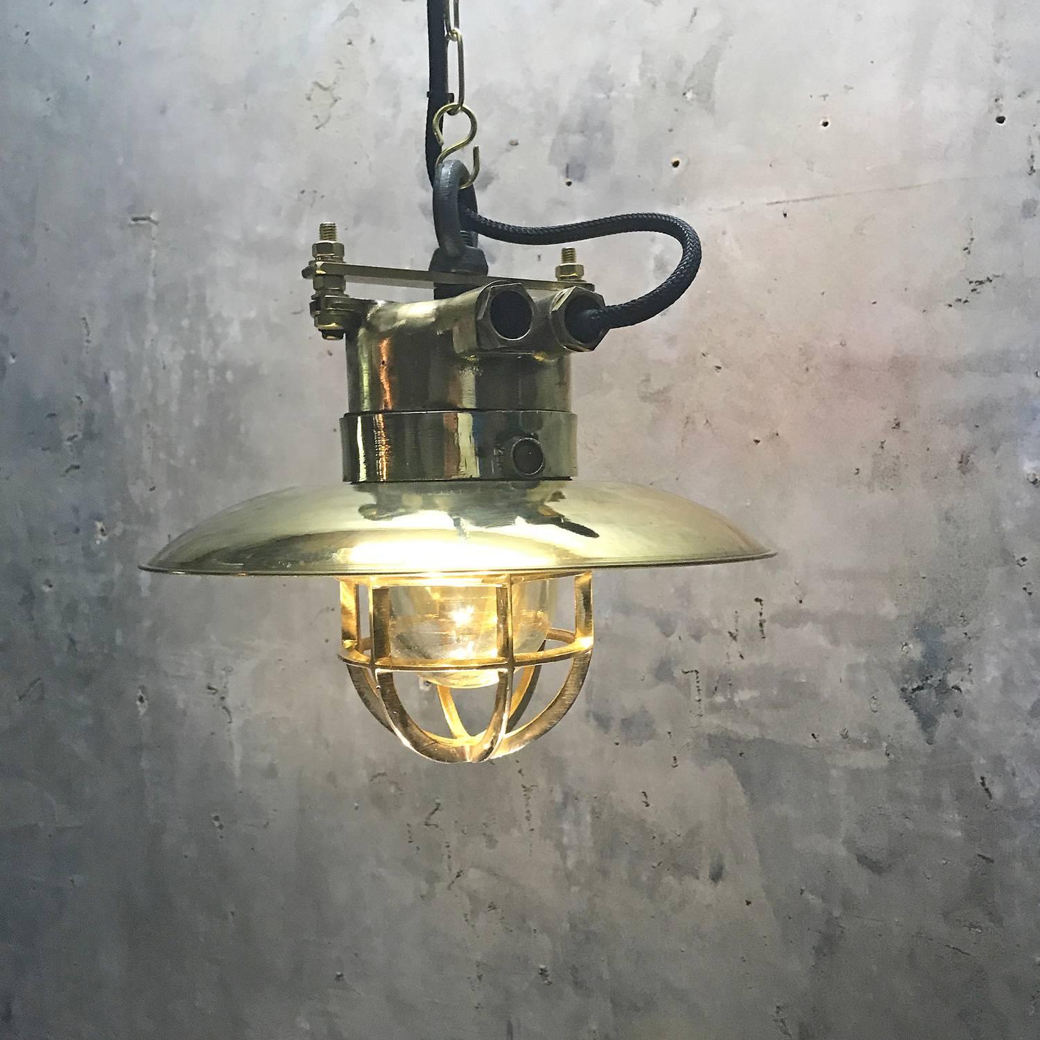 Late 20th Century Late Century German Cast Brass & Glass Explosion Proof Pendant Light Brass Shade For Sale