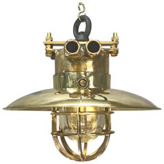 Late Century German Cast Brass & Glass Explosion Proof Pendant Light Brass Shade