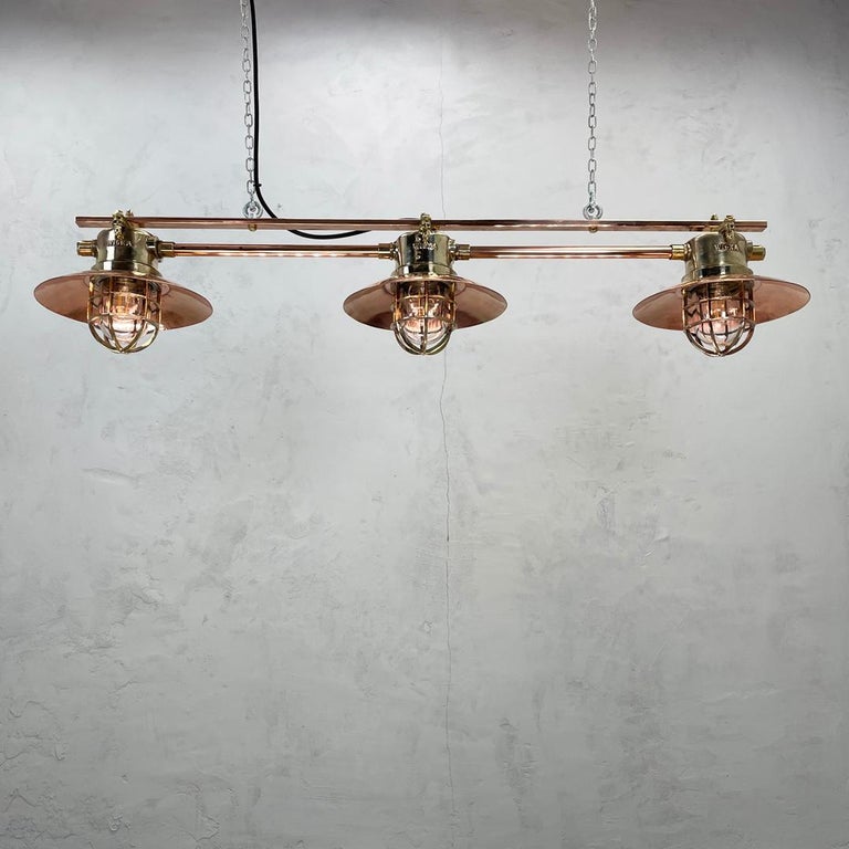 Late Century German Explosion Proof Copper & Brass 3 Lamp Bar Pendant Lighting For Sale 4
