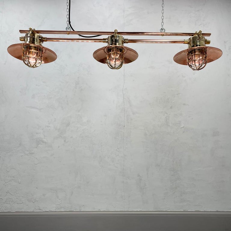 Late Century German Explosion Proof Copper & Brass 3 Lamp Bar Pendant Lighting For Sale 5