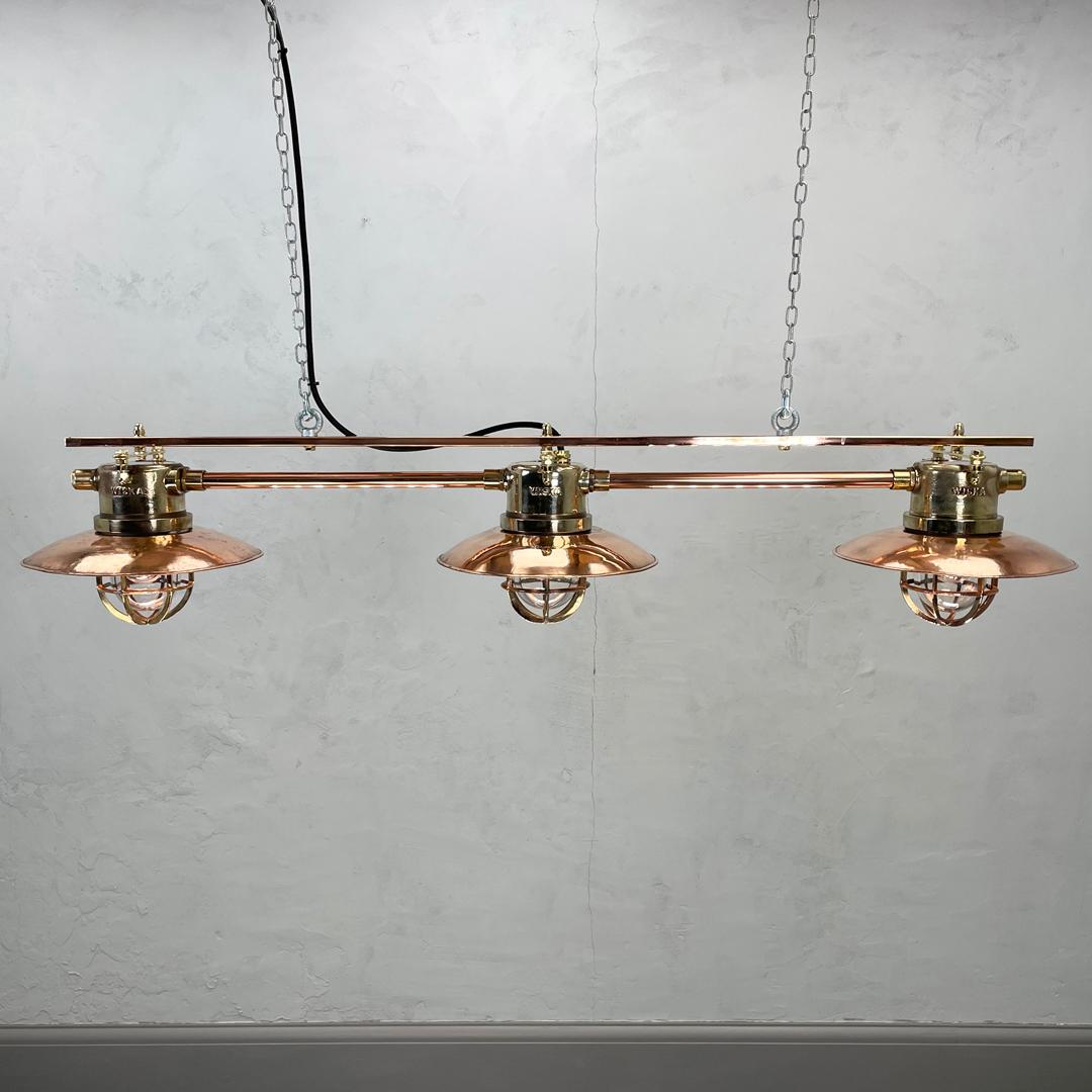 Late Century German Explosion Proof Copper & Brass 3 Lamp Bar Pendant Lighting For Sale 6