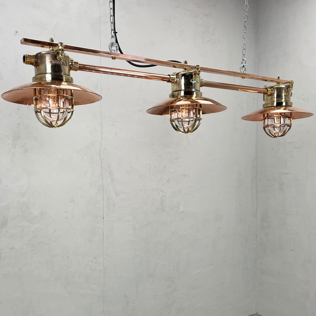 Industrial Late Century German Explosion Proof Copper & Brass 3 Lamp Bar Pendant Lighting For Sale
