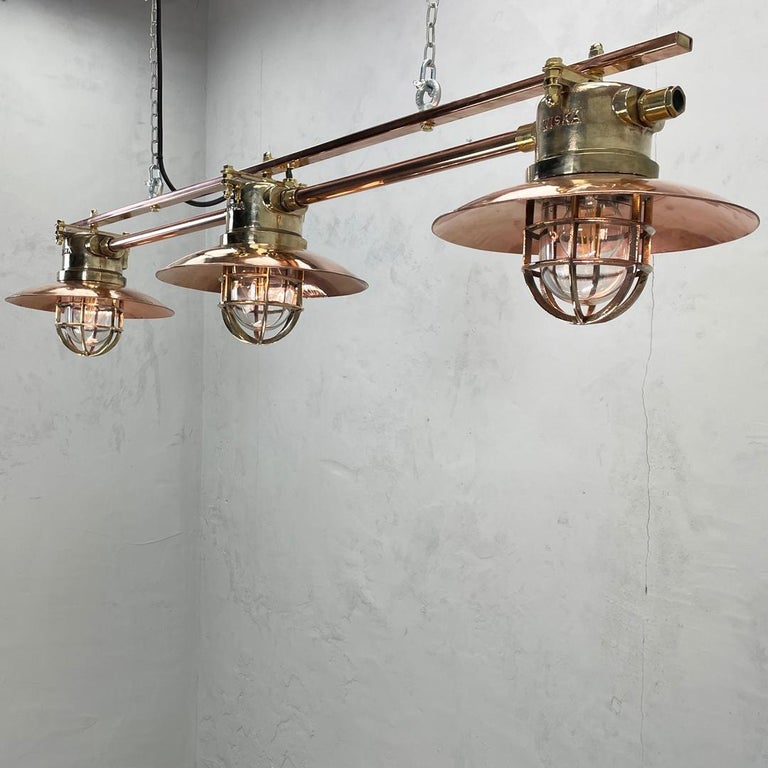 Cast Late Century German Explosion Proof Copper & Brass 3 Lamp Bar Pendant Lighting For Sale