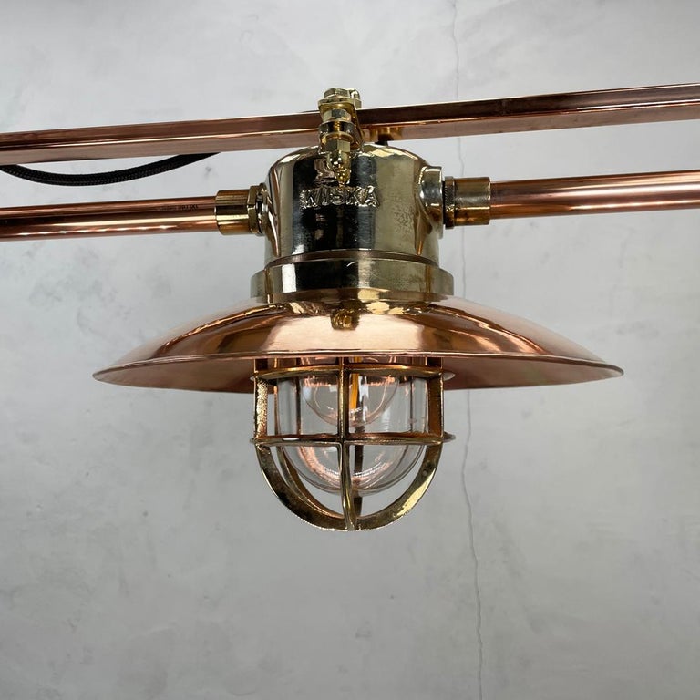 Late Century German Explosion Proof Copper & Brass 3 Lamp Bar Pendant Lighting In Good Condition For Sale In Leicester, Leicestershire