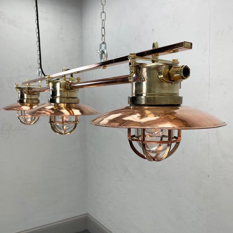 Late 20th Century Late Century German Explosion Proof Copper & Brass 3 Lamp Bar Pendant Lighting For Sale