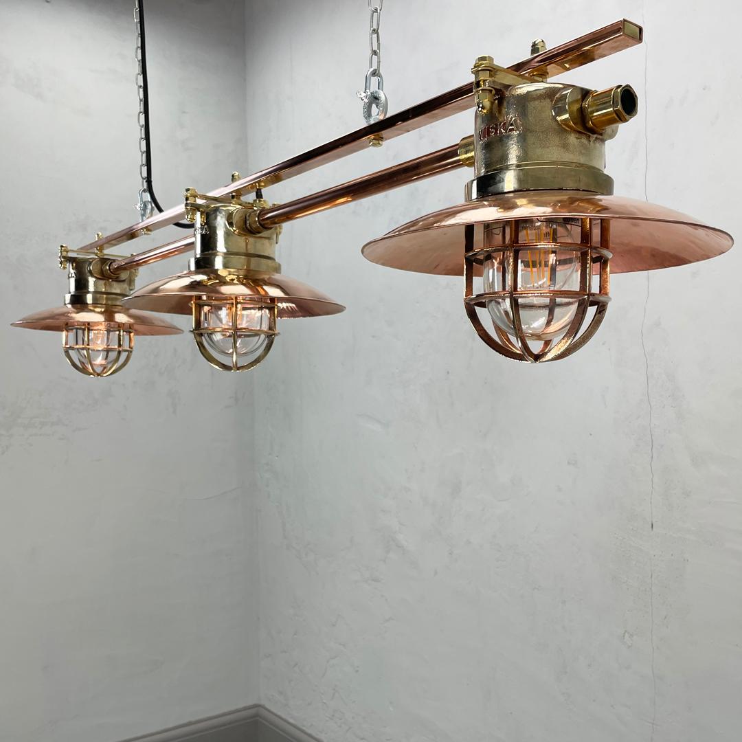 Late Century German Explosion Proof Copper & Brass 3 Lamp Bar Pendant Lighting For Sale 1