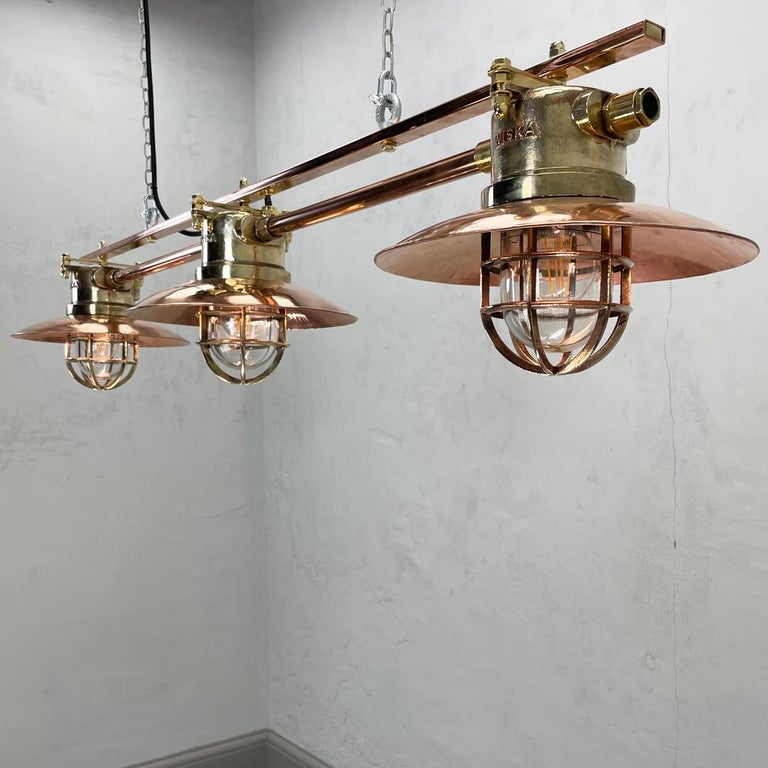 Late Century German Explosion Proof Copper & Brass 3 Lamp Bar Pendant Lighting For Sale 1