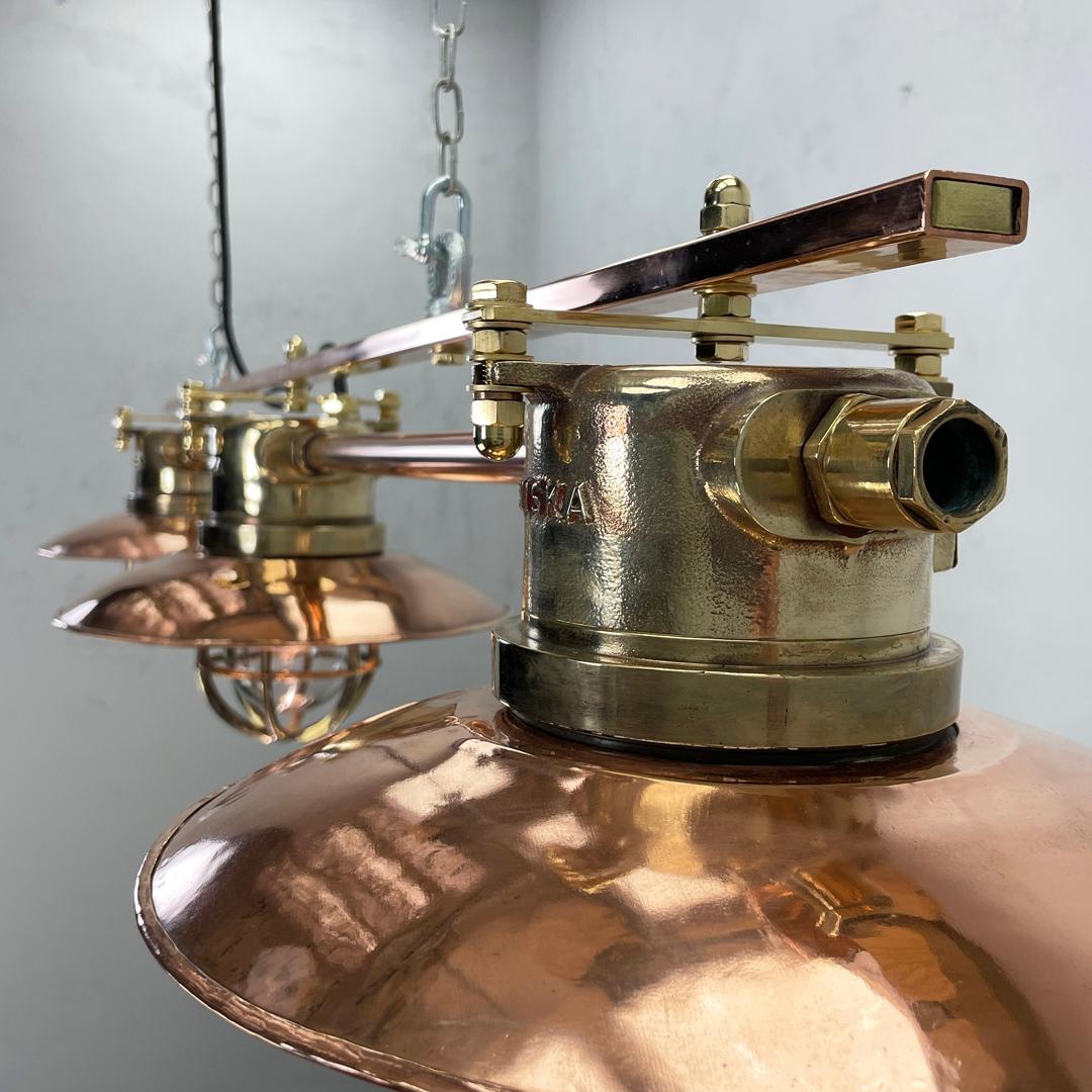 Late Century German Explosion Proof Copper & Brass 3 Lamp Bar Pendant Lighting For Sale 3