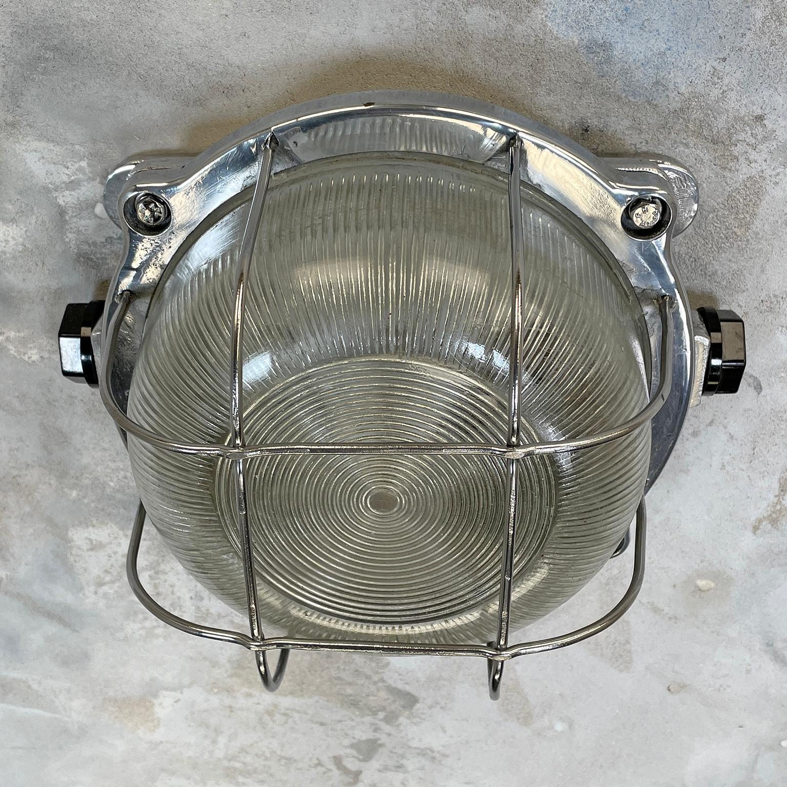 Chrome Late Century Industrial Cast Aluminium Circular Bulkhead lamp Reeded Glass Shade For Sale