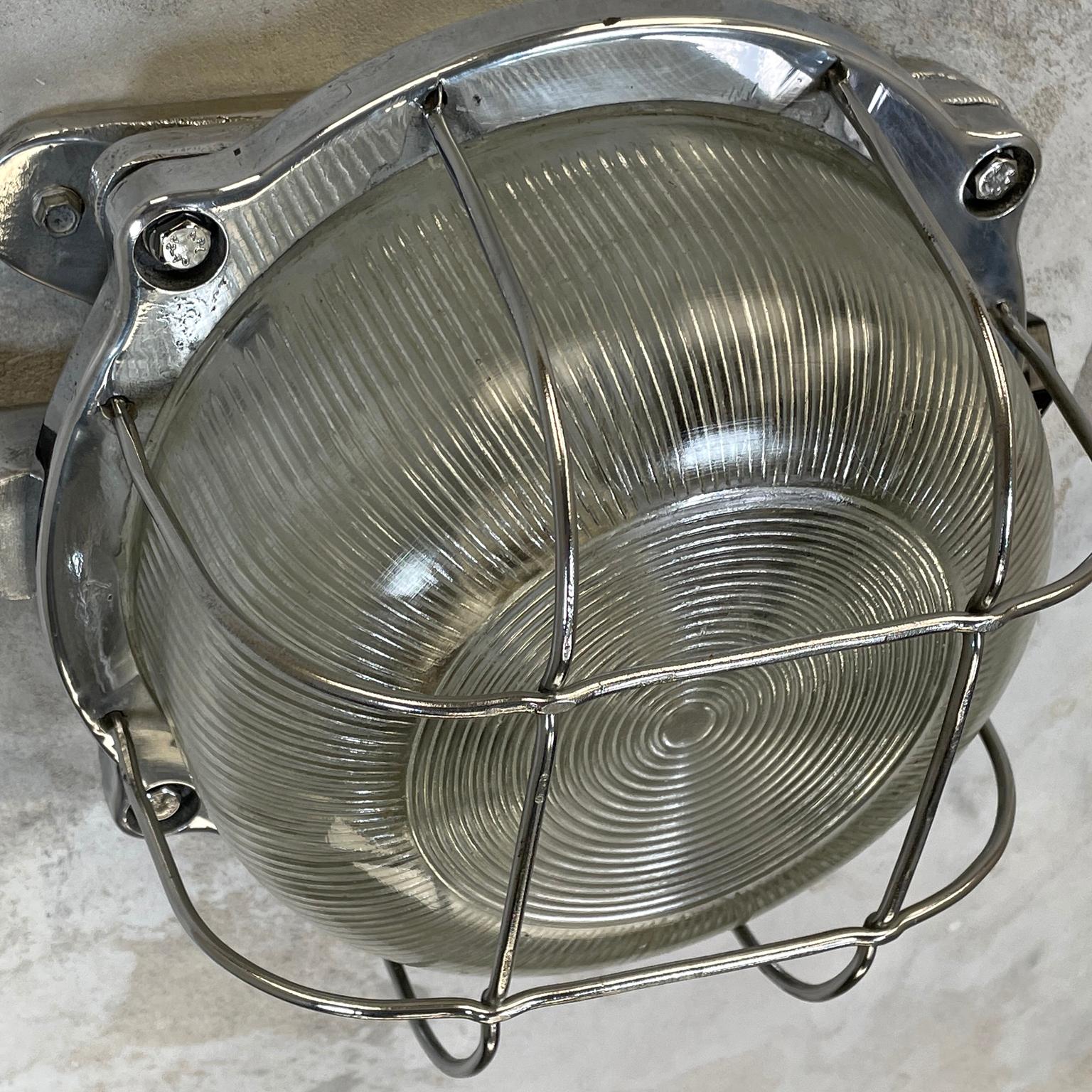 Late Century Industrial Cast Aluminium Circular Bulkhead lamp Reeded Glass Shade For Sale 1