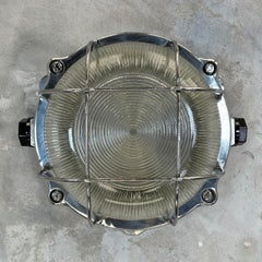 Late Century Industrial Cast Aluminium Circular Bulkhead lamp Reeded Glass Shade