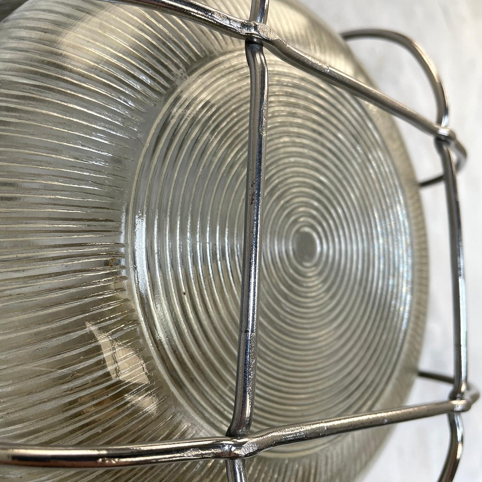 German Late Century Industrial Cast Aluminium Circular Bulkhead lamp Reeded Glass Shade For Sale