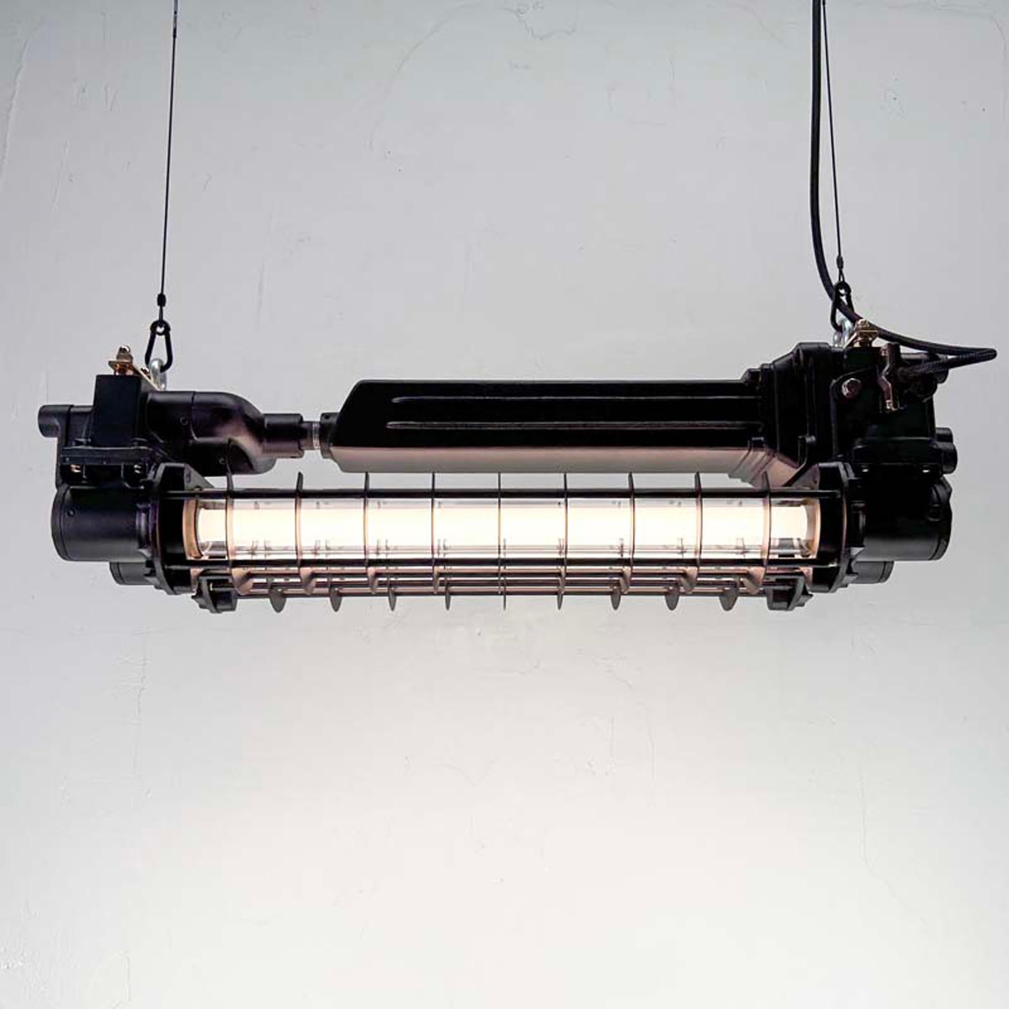 Late Century Industrial Flameproof Tube Light with Cage - Black & Brass finish For Sale 3