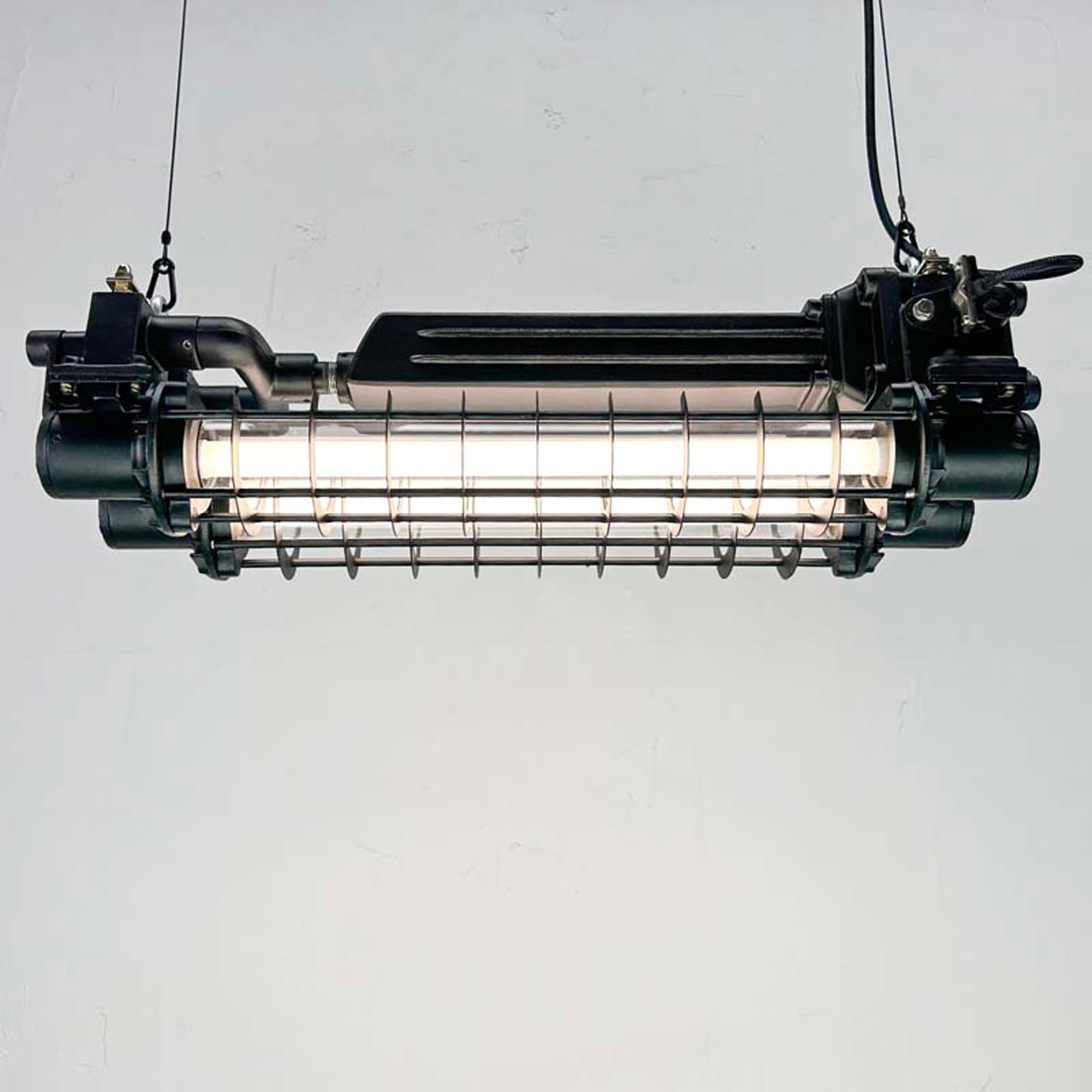 Late Century Industrial Flameproof Tube Light with Cage - Black & Brass finish For Sale 4