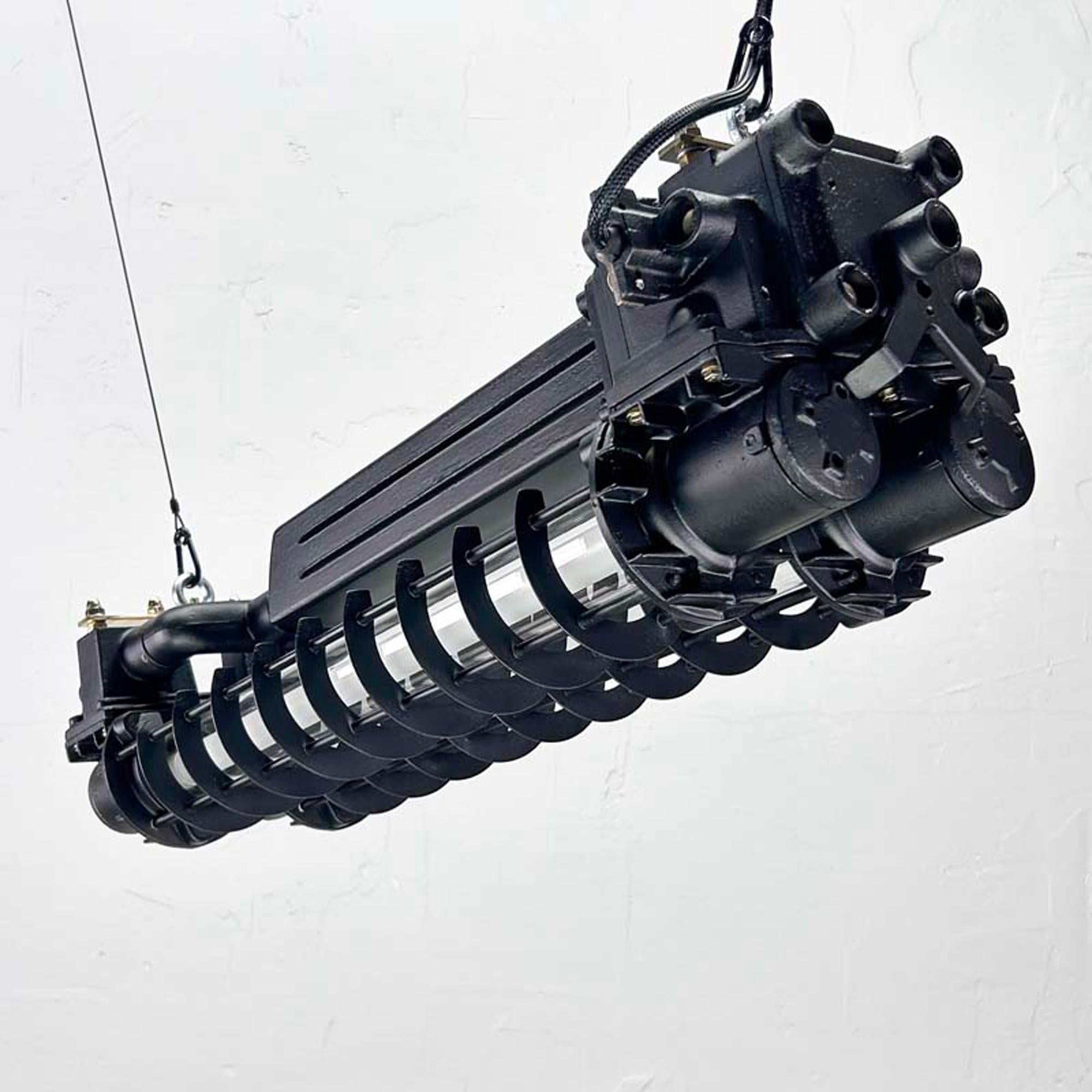Late Century Industrial Flameproof Tube Light with Cage - Black & Brass finish For Sale 6