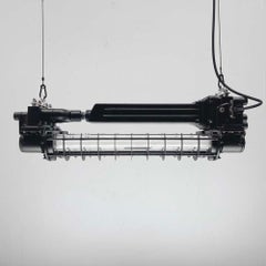 Late Century Industrial Flameproof Tube Light with Cage - Black & Brass finish