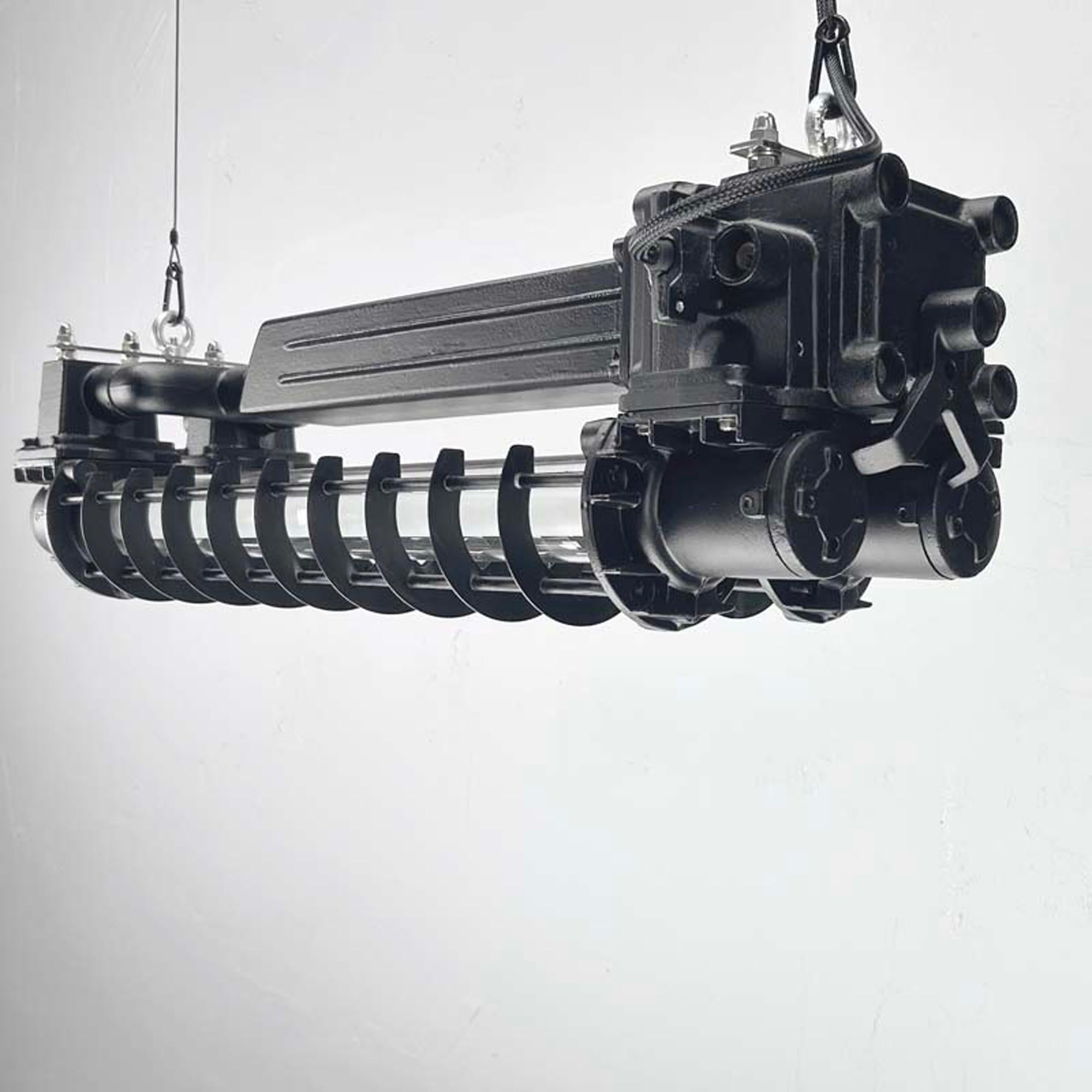 Cast Late Century Industrial Flameproof Tube Light with Cage - Black & Brass finish For Sale