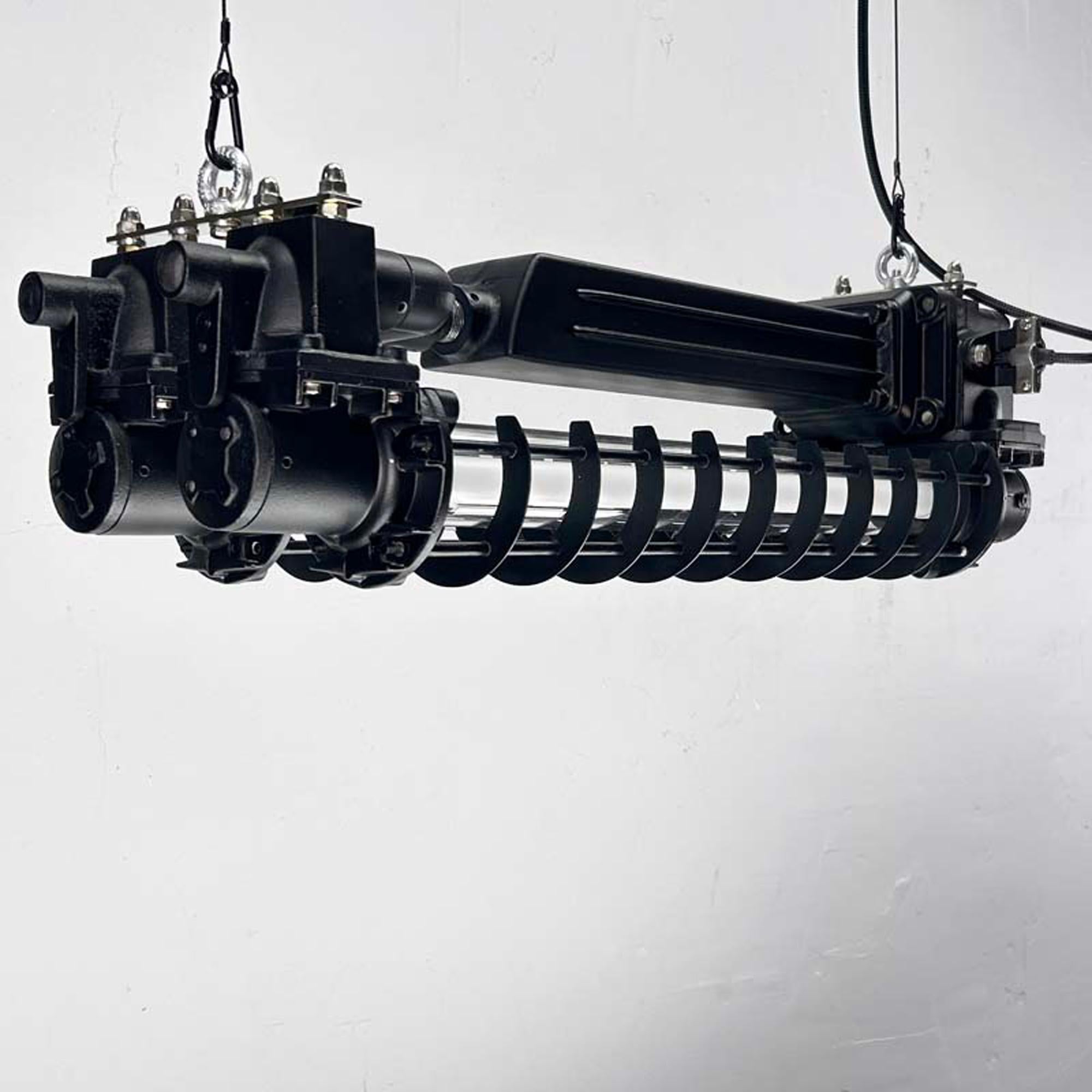 Late Century Industrial Flameproof Tube Light with Cage - Black & Brass finish In Excellent Condition For Sale In Leicester, Leicestershire